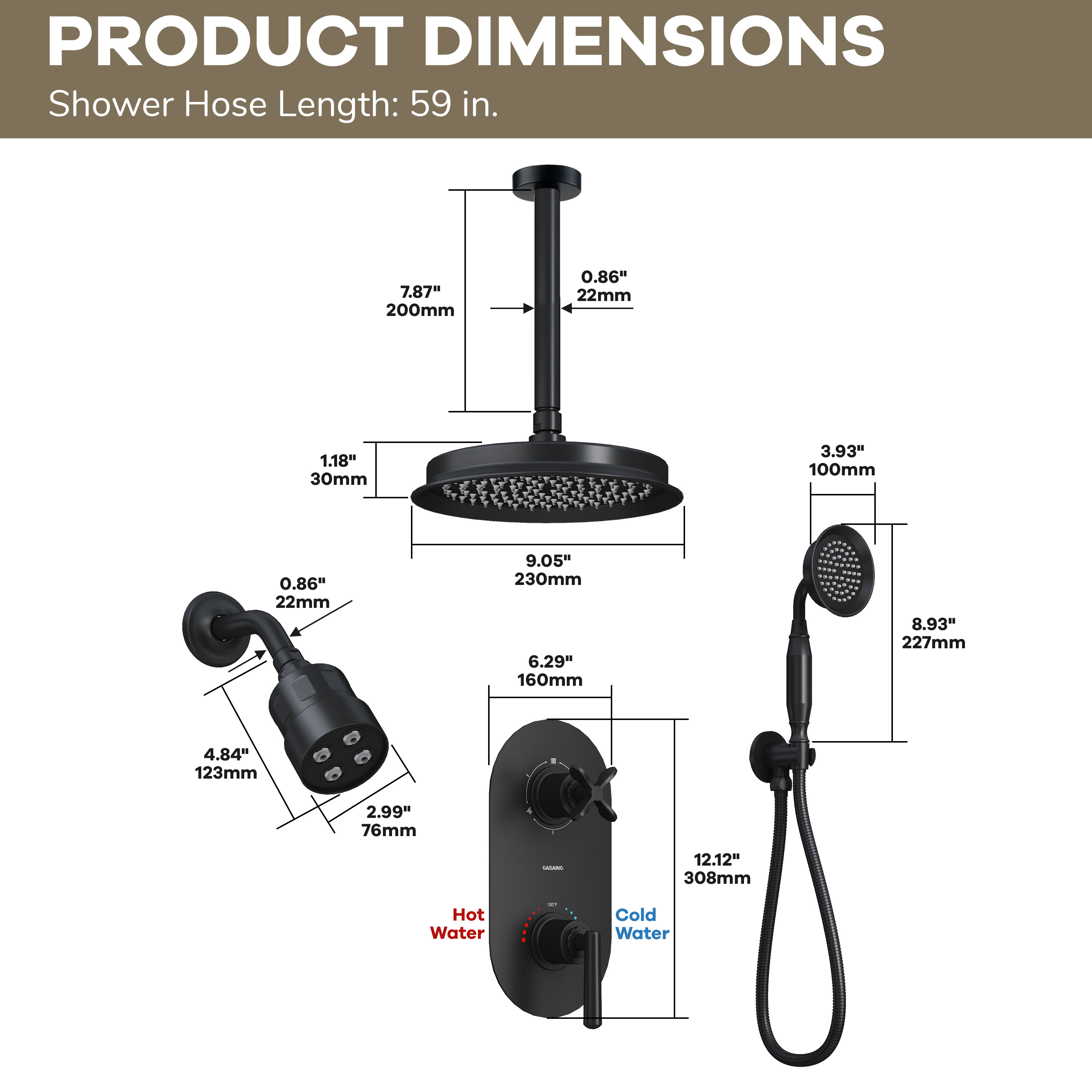 9"+4" Rainfall Thermostatic Concealed 3-Function Shower System with Handheld