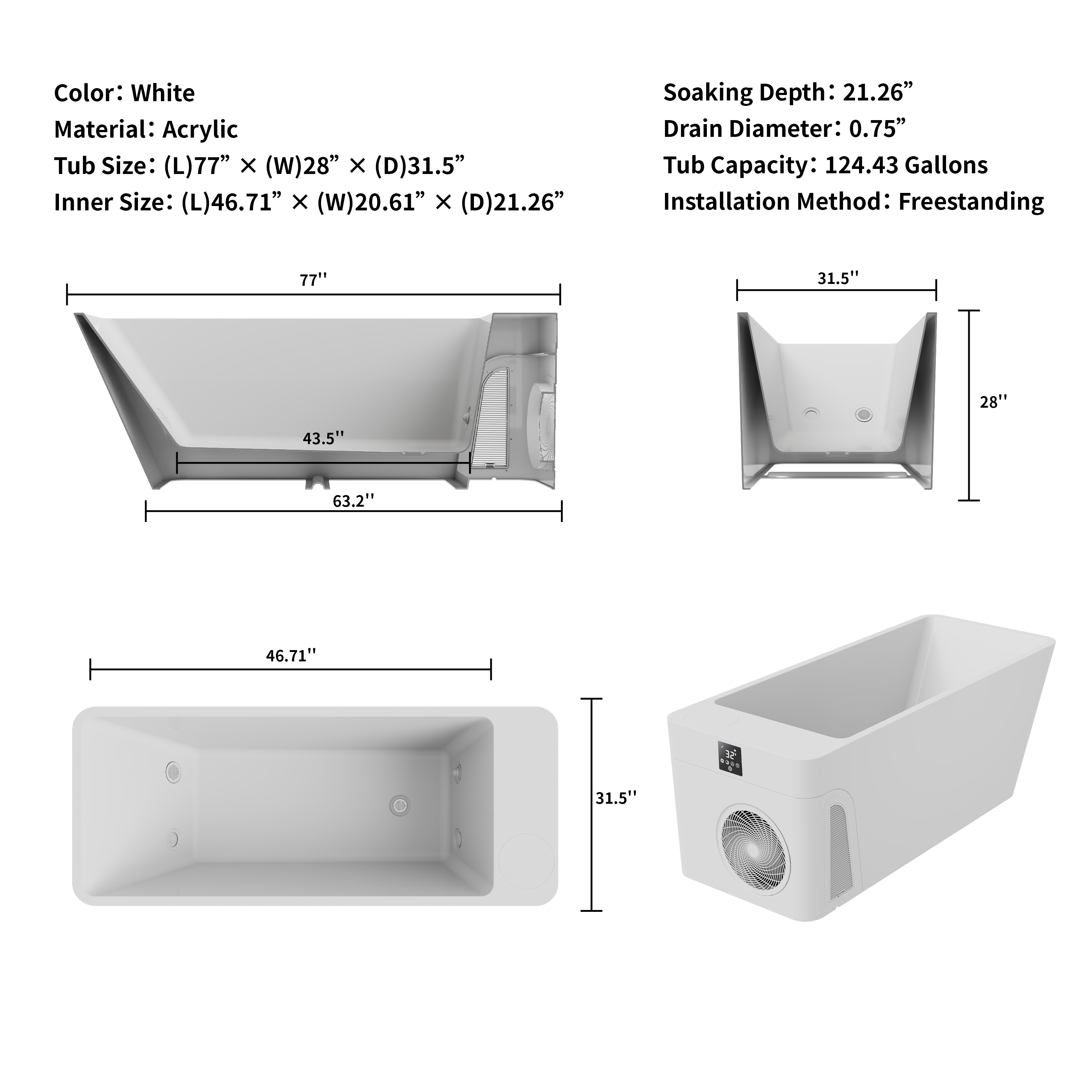 77" All-in-One Cold Plunge Tub with Built-In Chiller and Insulated Cover