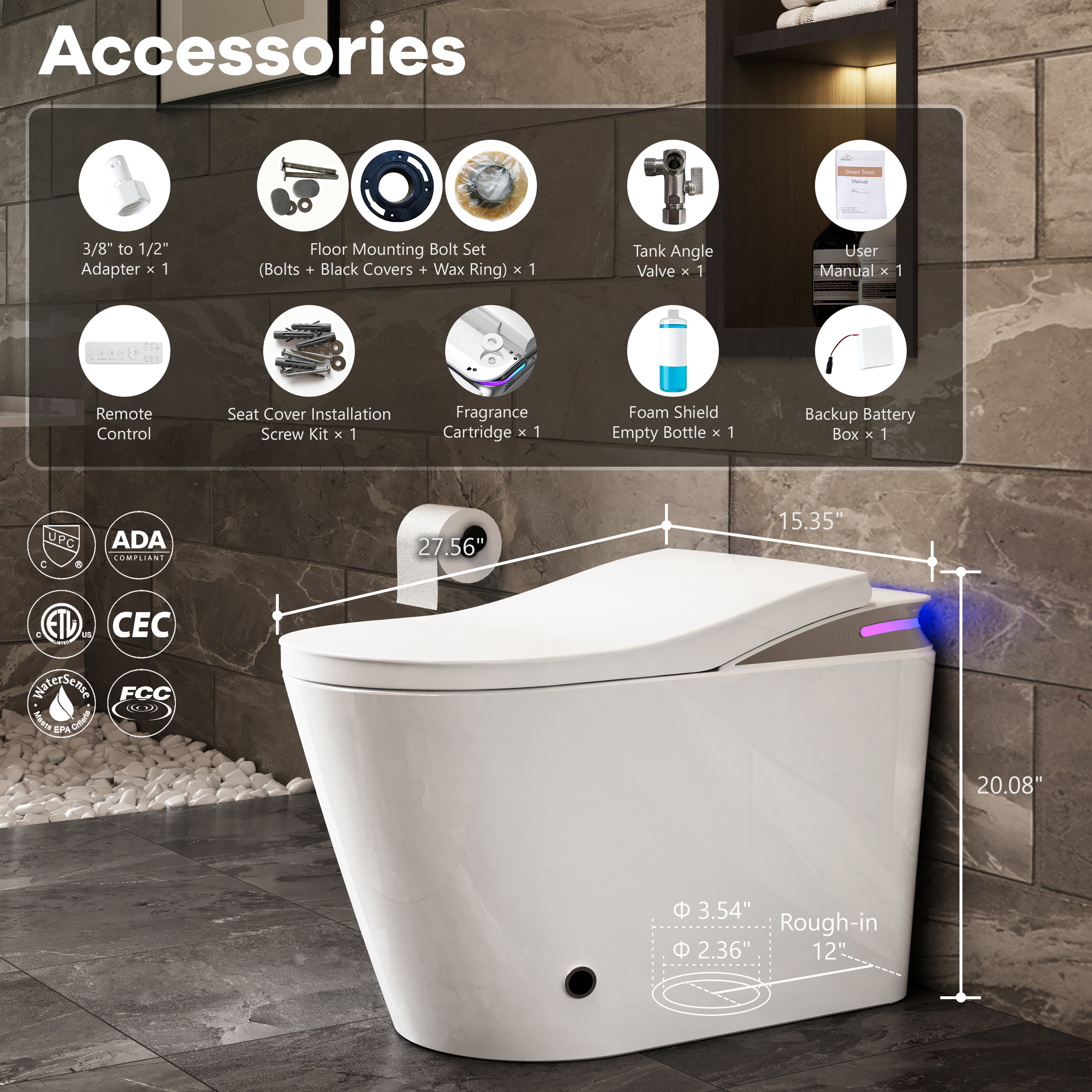 One-Piece Chair Height Elongated Smart Bidet Toilet with Auto Lid, Foam Shield Protection & Dual Flush