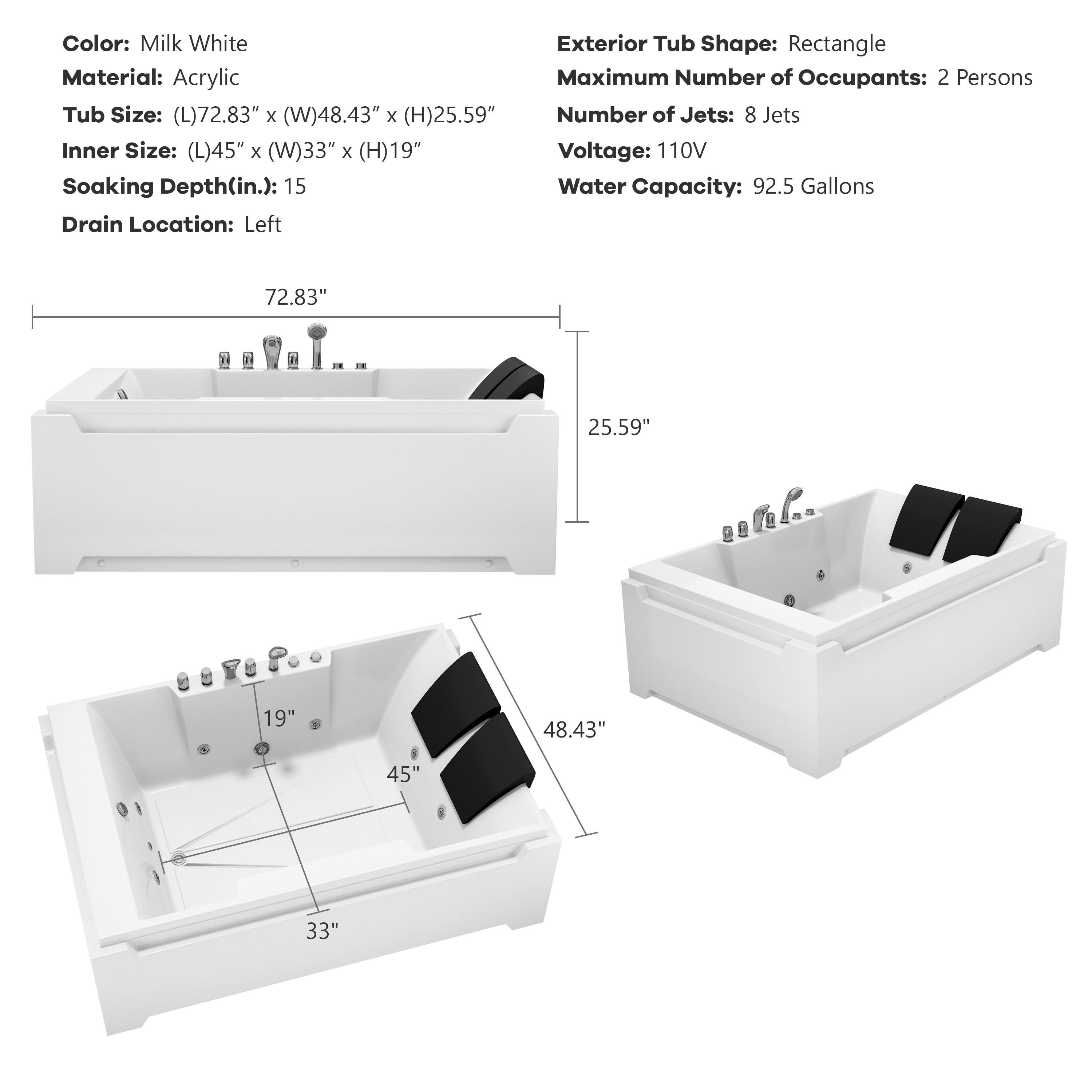 73" Two-Person Whirlpool Tub with Hydro Massage Jets & Chromatherapy Lighting