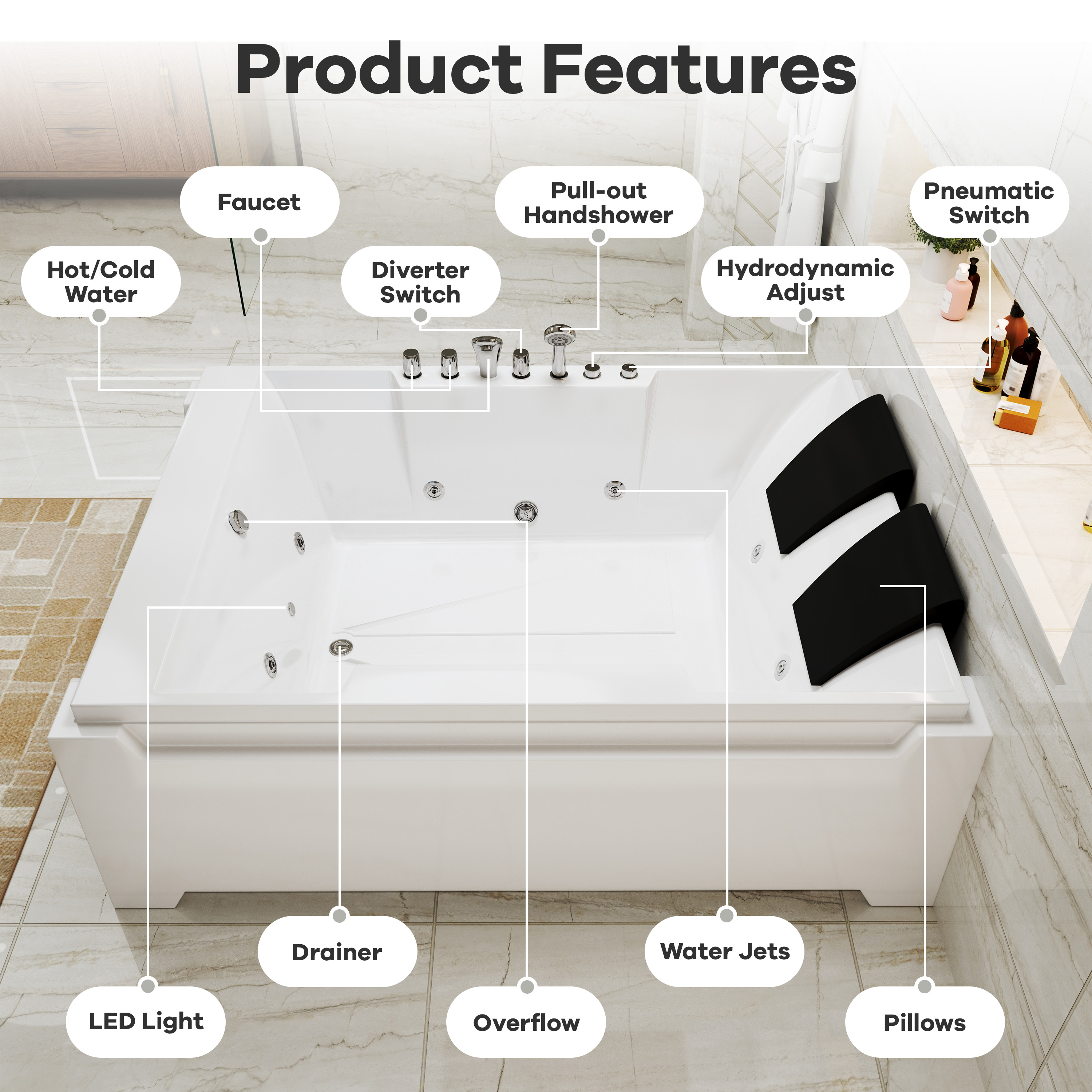 73" Two-Person Whirlpool Tub with Hydro Massage Jets & Chromatherapy Lighting