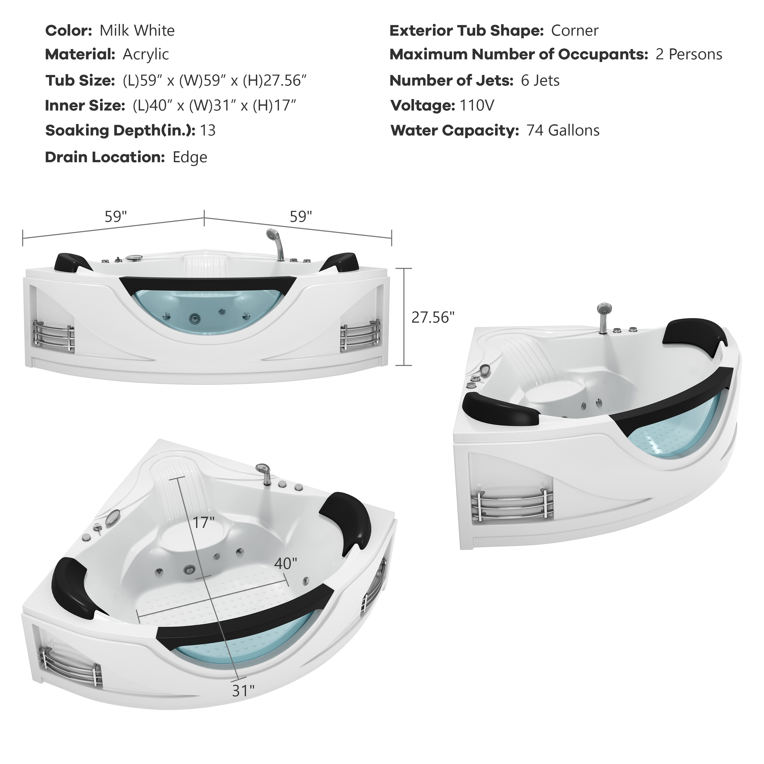 59" Corner Whirlpool Massage Bathtub for 2 Persons with Hydrotherapy Jets & LED Mood Lighting