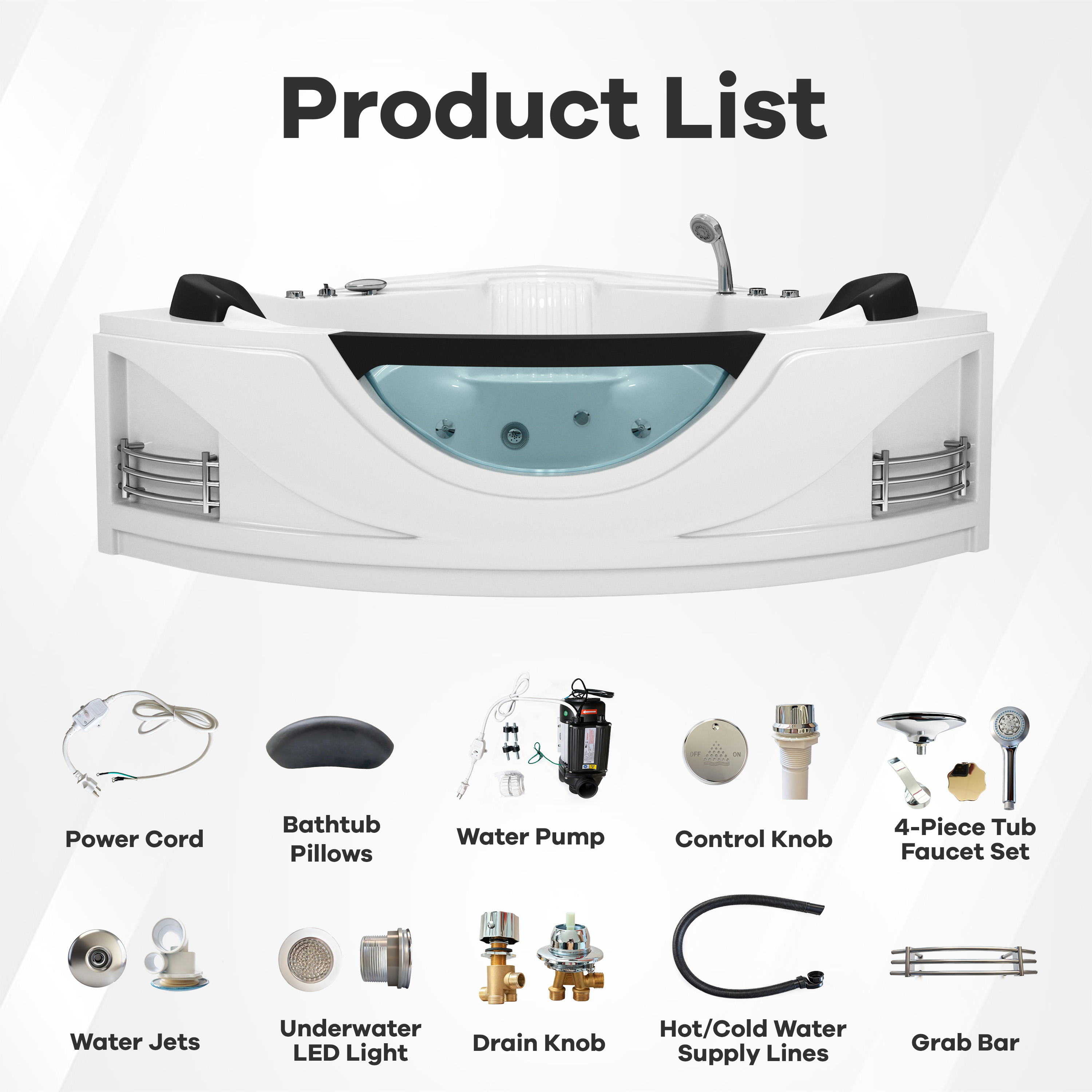 59" Corner Whirlpool Massage Bathtub for 2 Persons with Hydrotherapy Jets & LED Mood Lighting