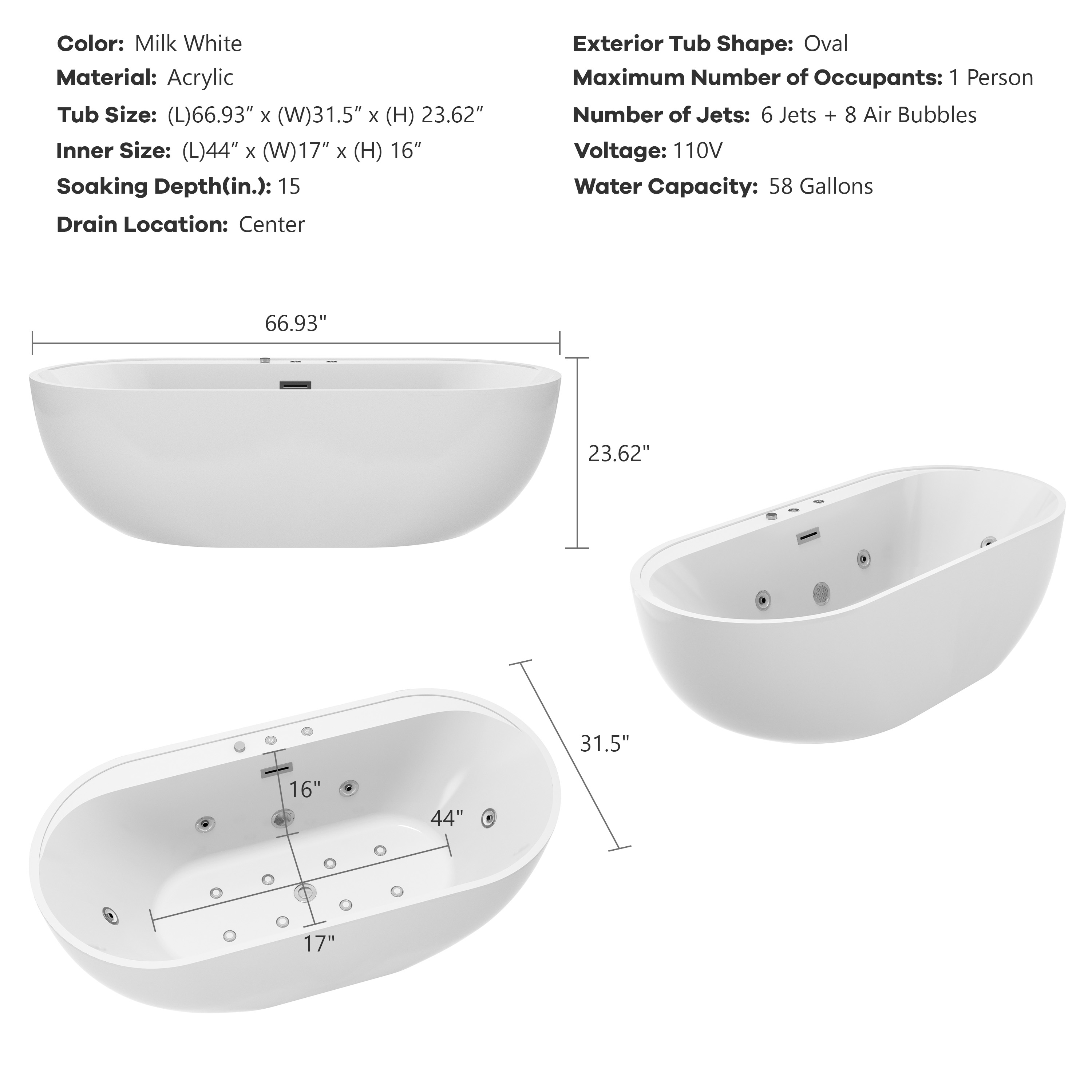 67" Whirlpool and Air Massage Bathtub with Adjustable Air Blower, 6 Hydro Jets & 8 Bubble Jets