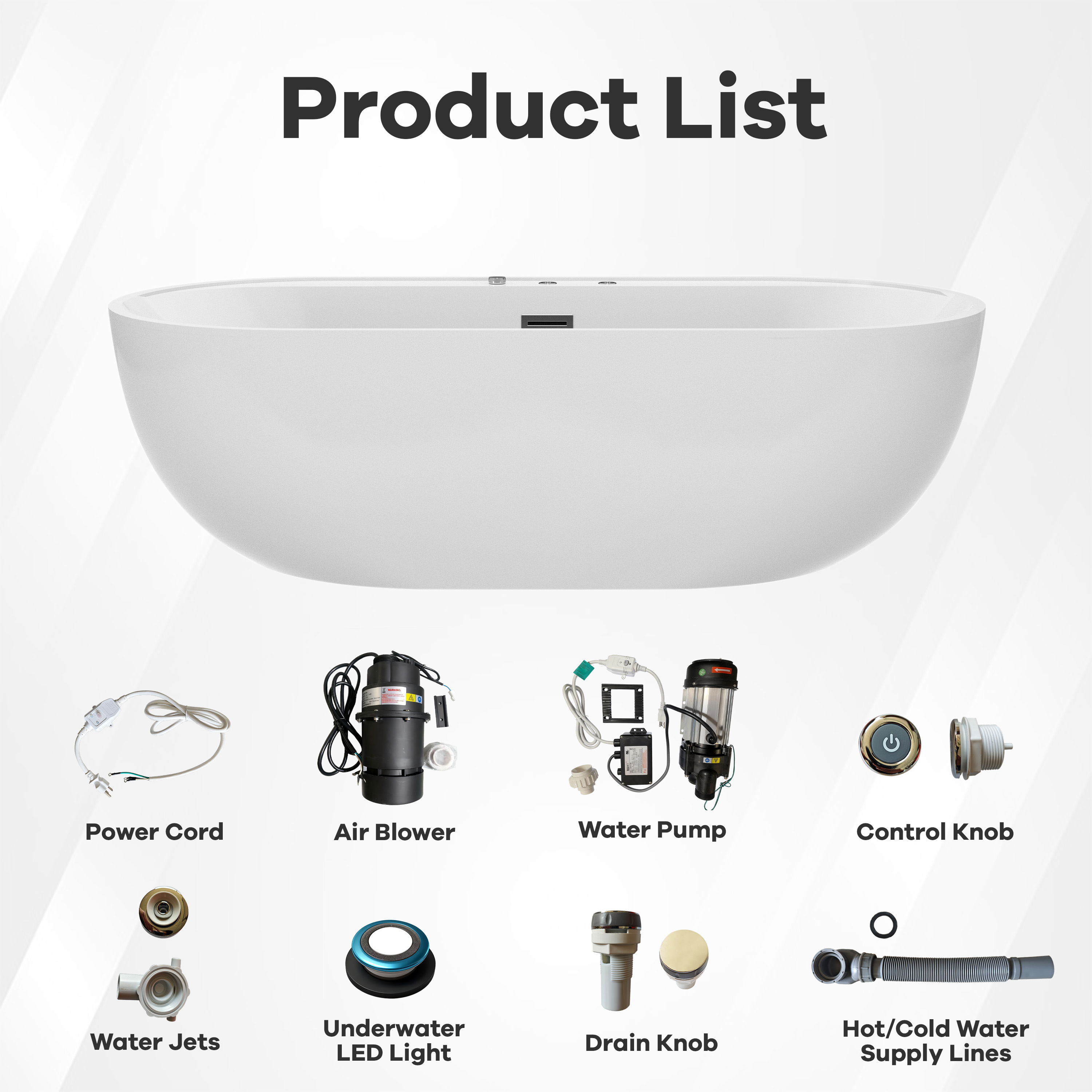 67" Whirlpool and Air Massage Bathtub with Adjustable Air Blower, 6 Hydro Jets & 8 Bubble Jets