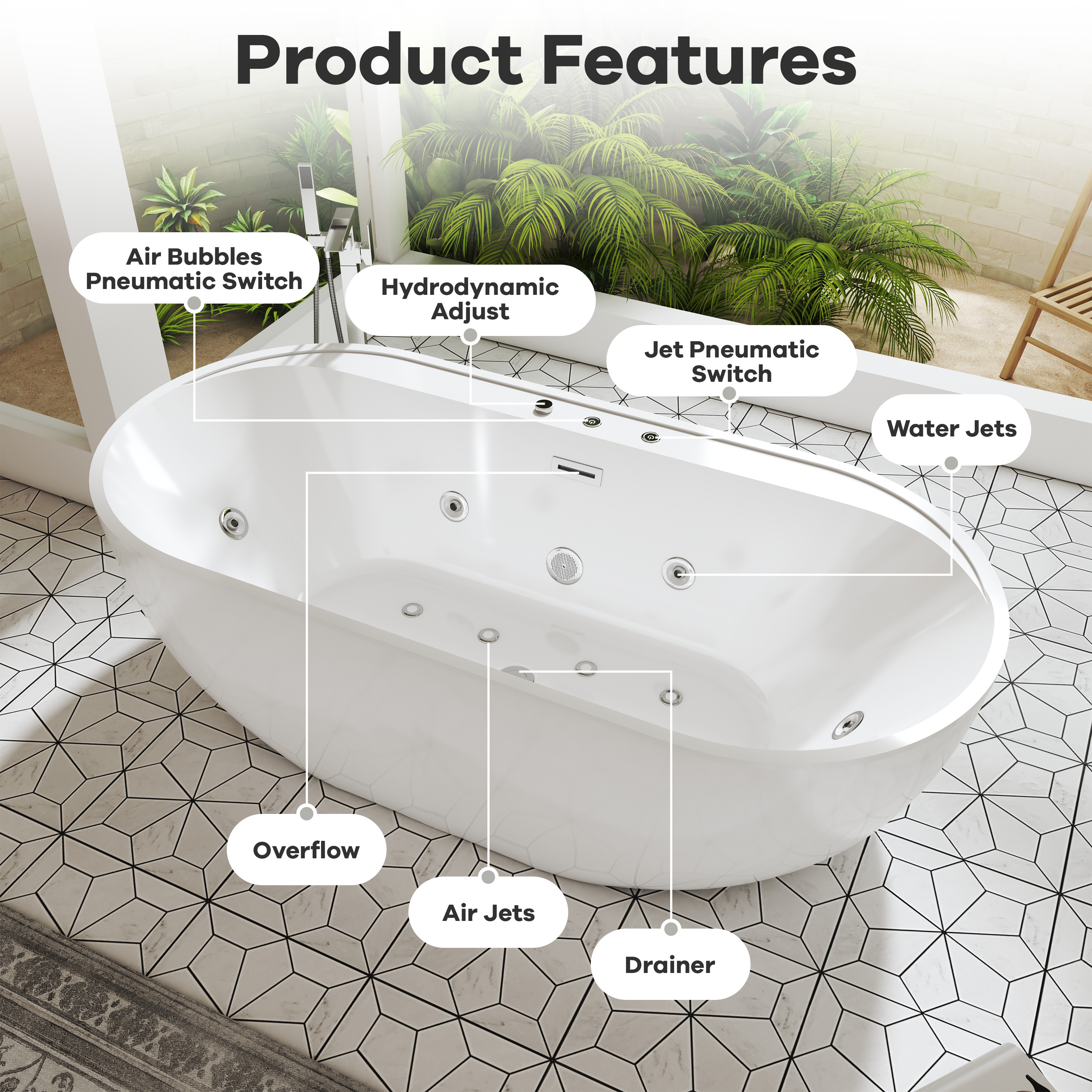 67" Whirlpool and Air Massage Bathtub with Adjustable Air Blower, 6 Hydro Jets & 8 Bubble Jets