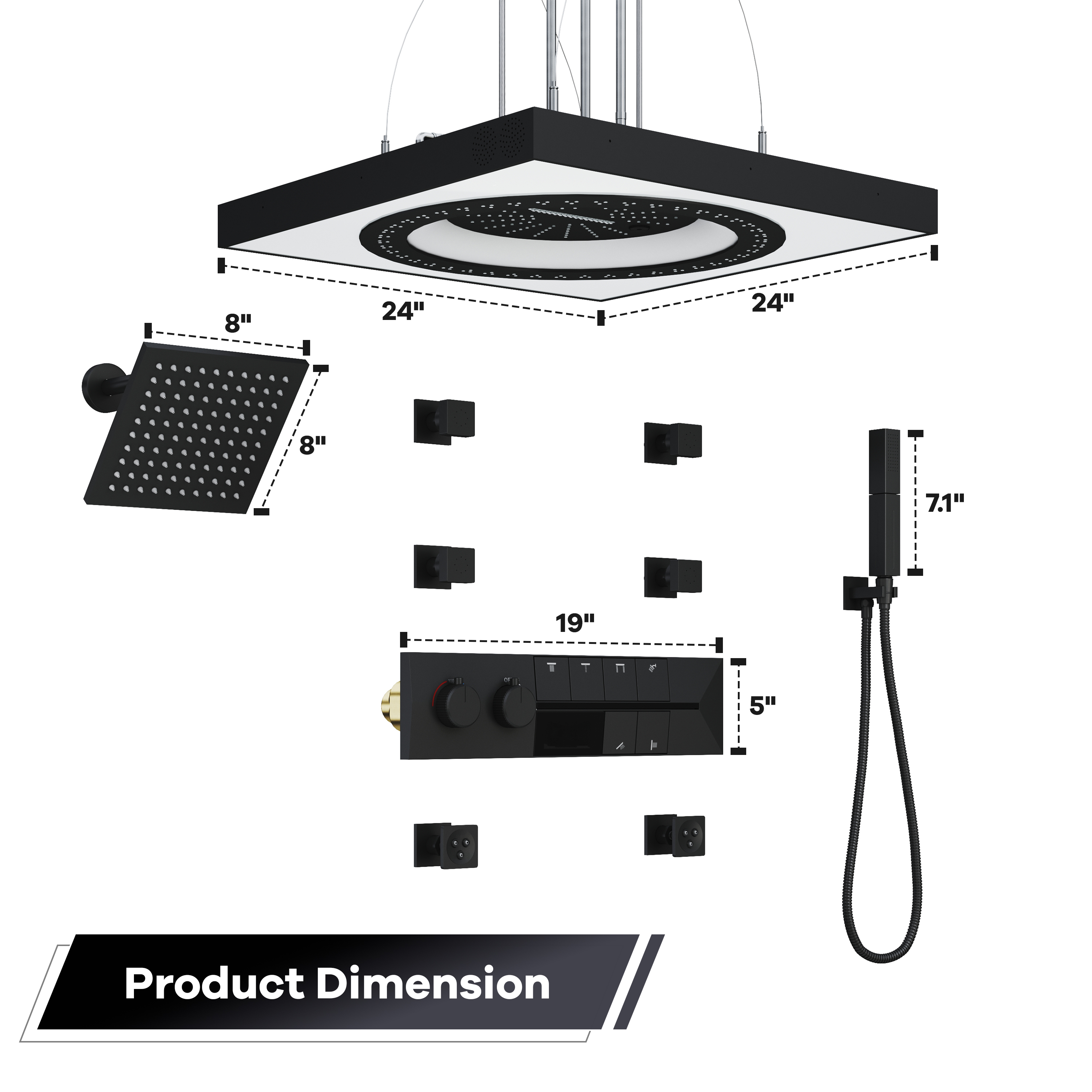 24-inch 6-Function Thermostatic Shower System with LED Light & Body Jet & Slide Bar