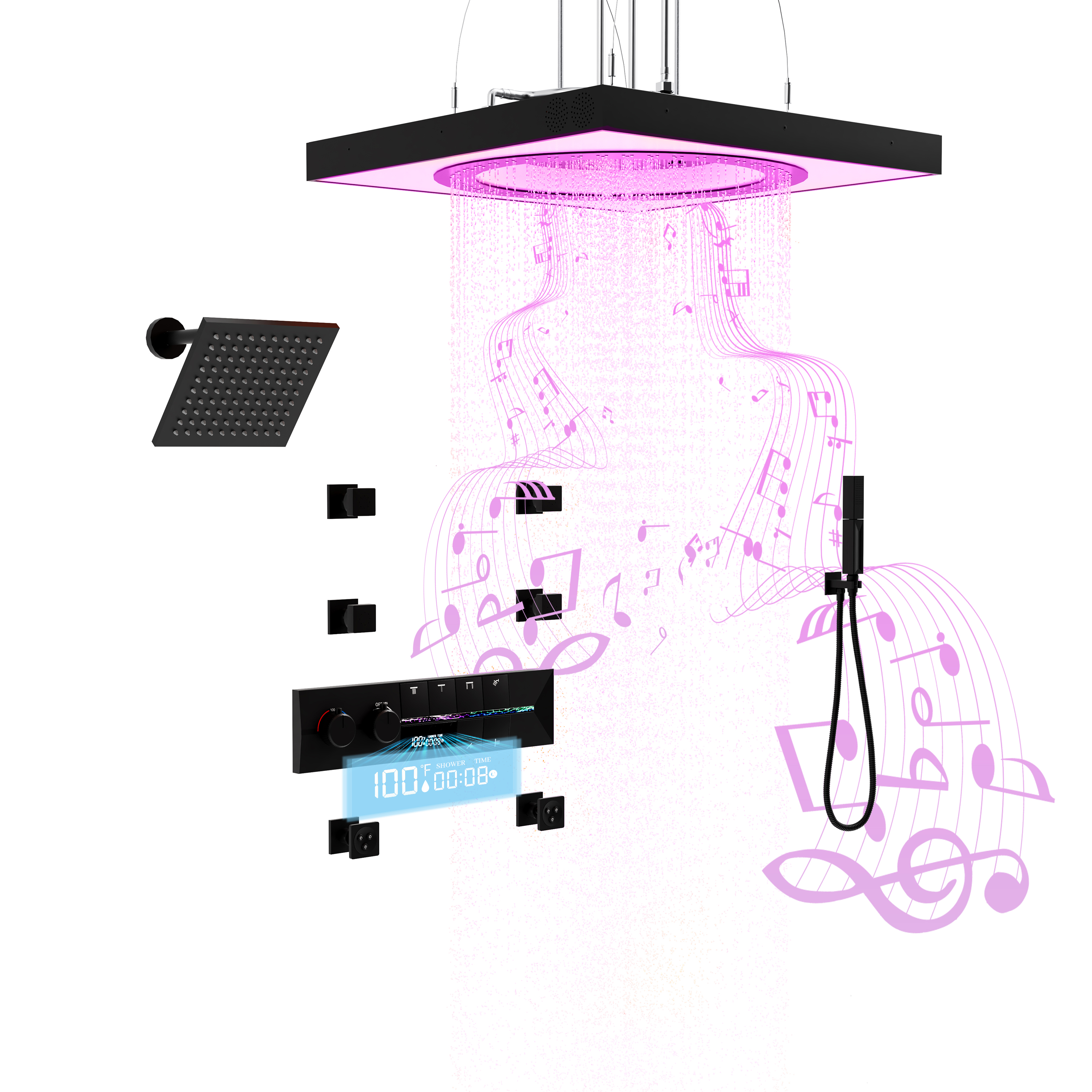 24-inch 6-Function Thermostatic Shower System with LED Light & Body Jet & Slide Bar