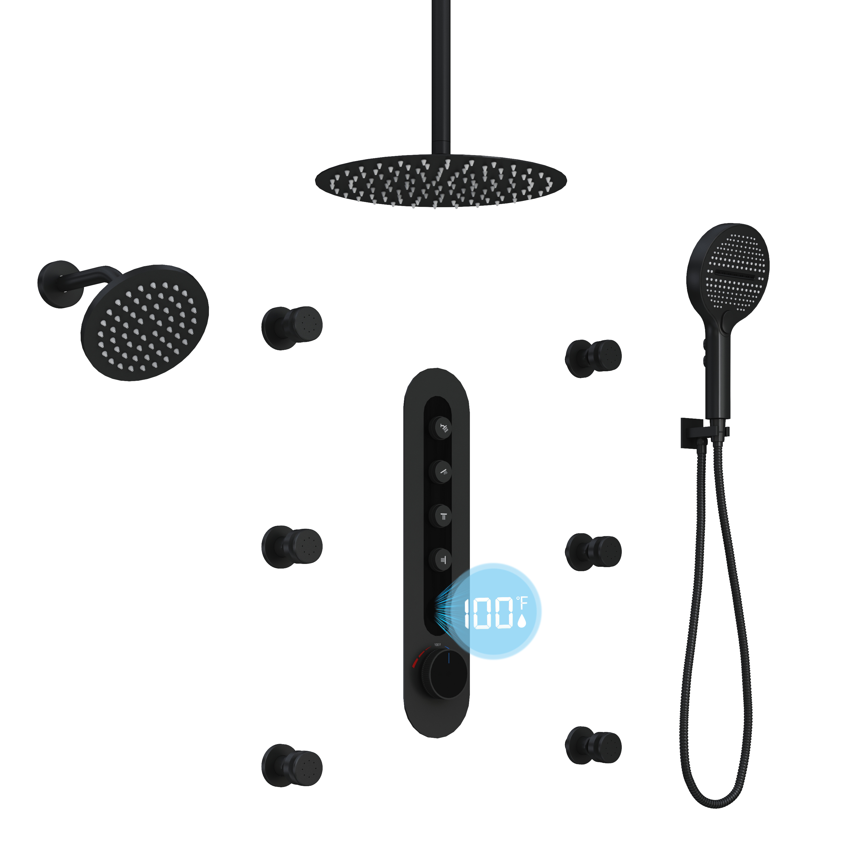 12-inch 4-Function Thermostatic Shower System with Digital Display & Body Jet