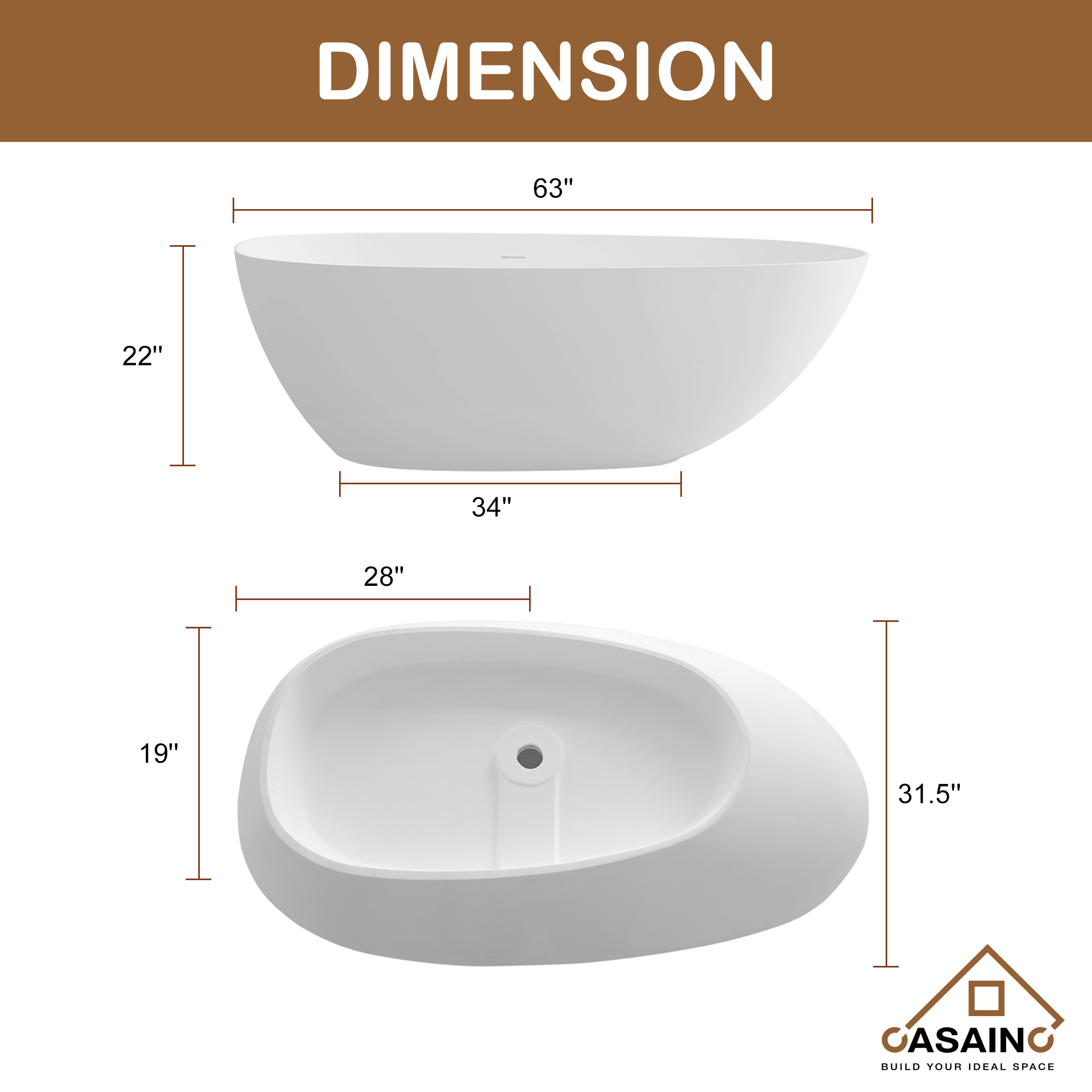 CASAINC 59/63/67/71" Solid Surface Freestanding Bathtub, Egg Shell Shaped Stone Resin Freestanding Tubs, Contemporary Oval Soaking Tub with Overflow and  Drain, Matte White