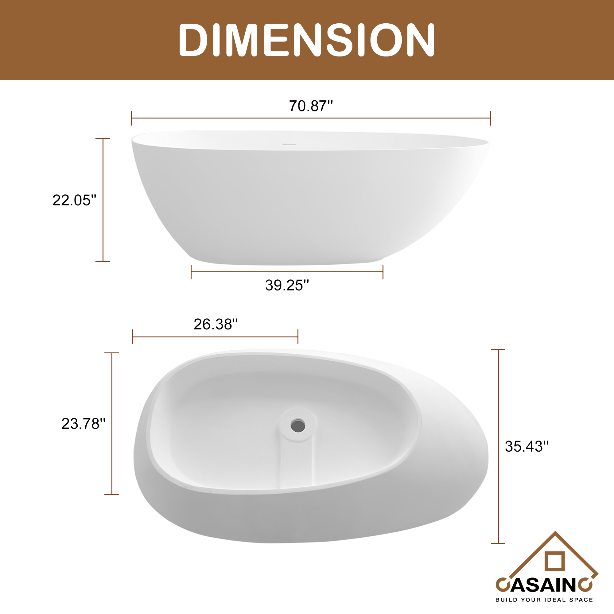 CASAINC 59/63/67/71" Solid Surface Freestanding Bathtub, Egg Shell Shaped Stone Resin Freestanding Tubs, Contemporary Oval Soaking Tub with Overflow and  Drain, Matte White