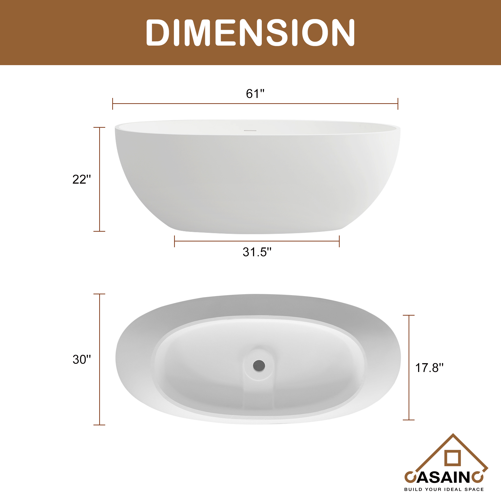 55 inches  Solid Surface Free-Standing Bathtub with Center  Drain in Matte White
