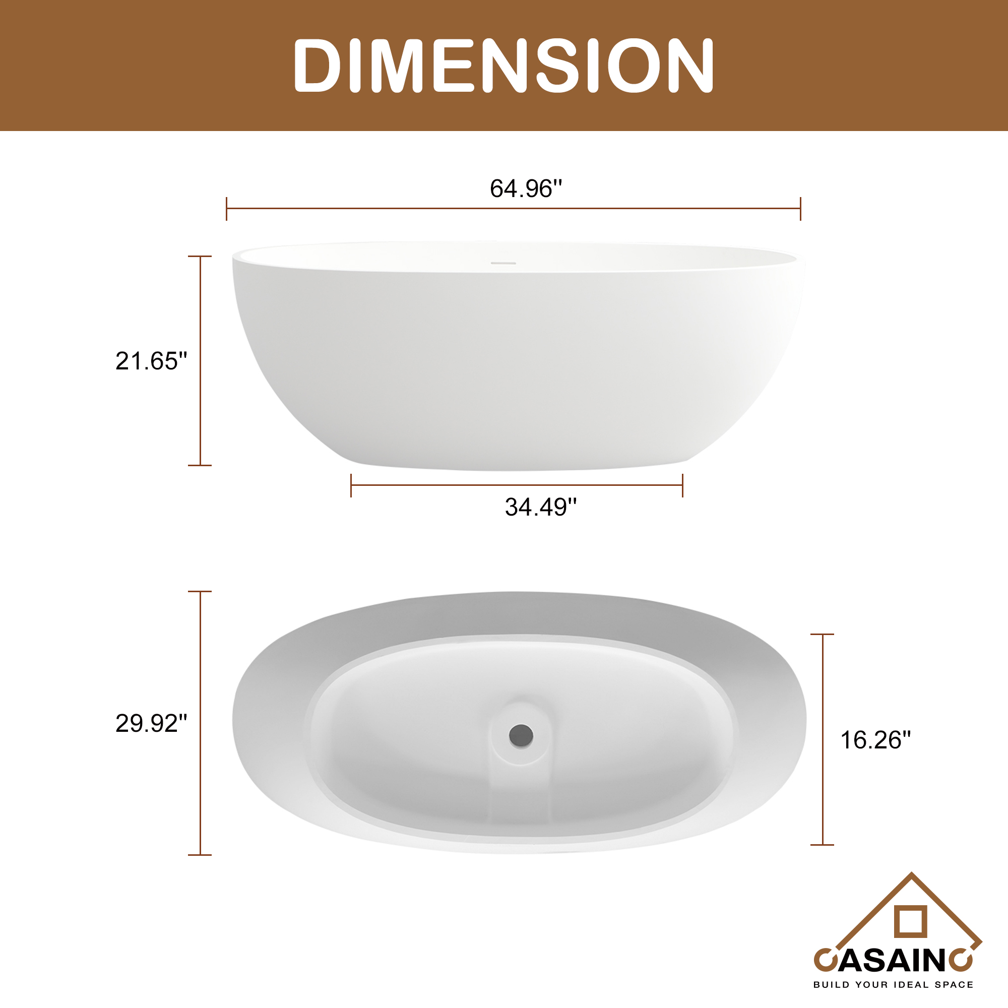 55 inches  Solid Surface Free-Standing Bathtub with Center  Drain in Matte White