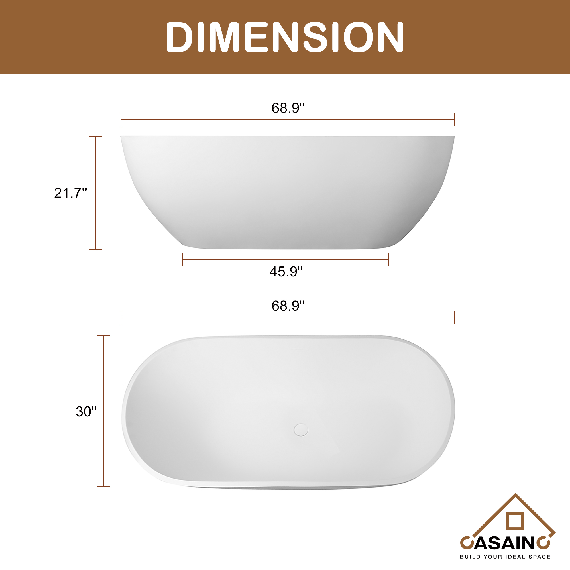 59 inches Solid Surface Free-Standing Bathtub with Center Drain in Matte White