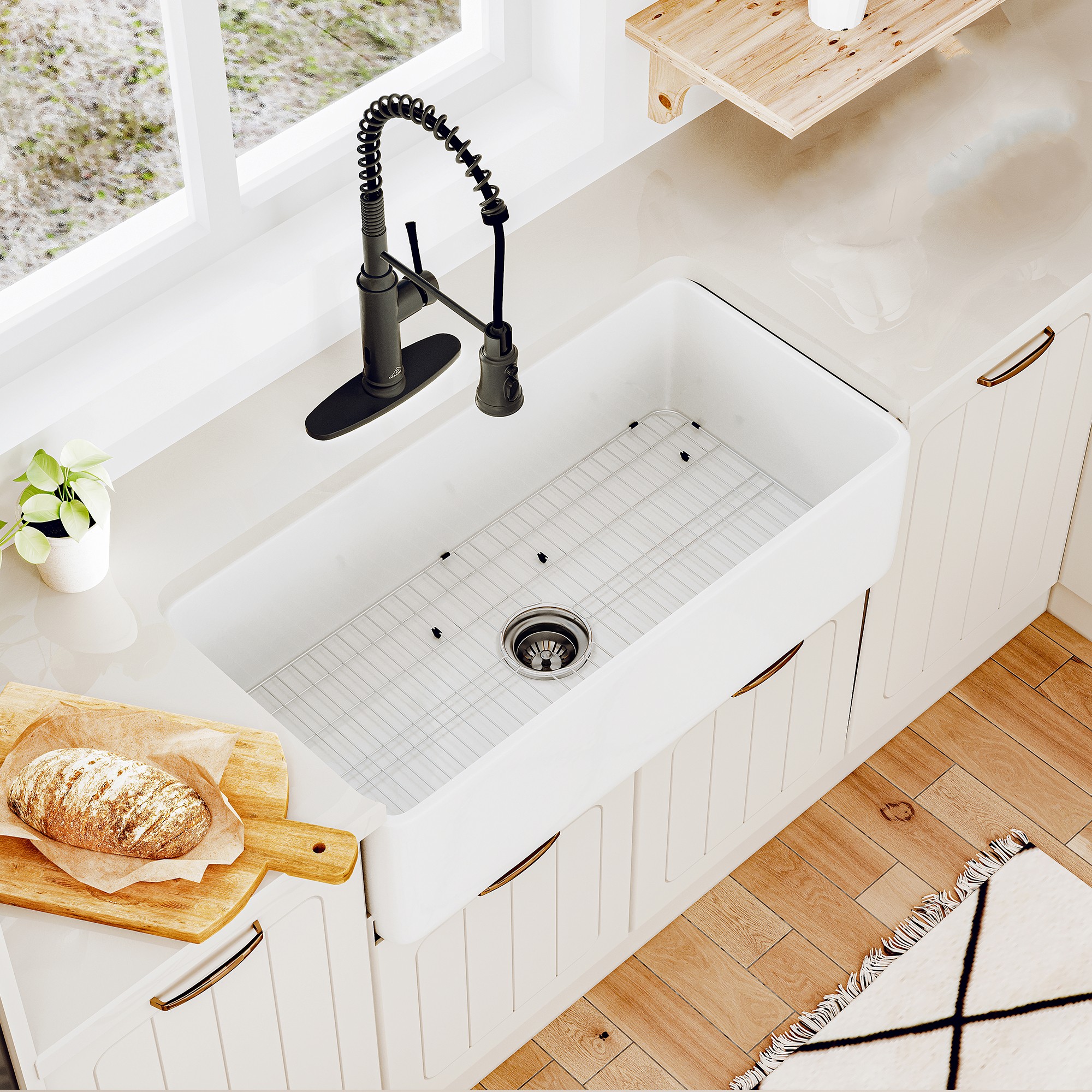 CASAINC Fireclay 36 in. Single Bowl Farmhouse Apron Kitchen Sink with Bottom Grid and Strainers With cUPC Certified, in Glossy White/Matte Black/Matte Gray