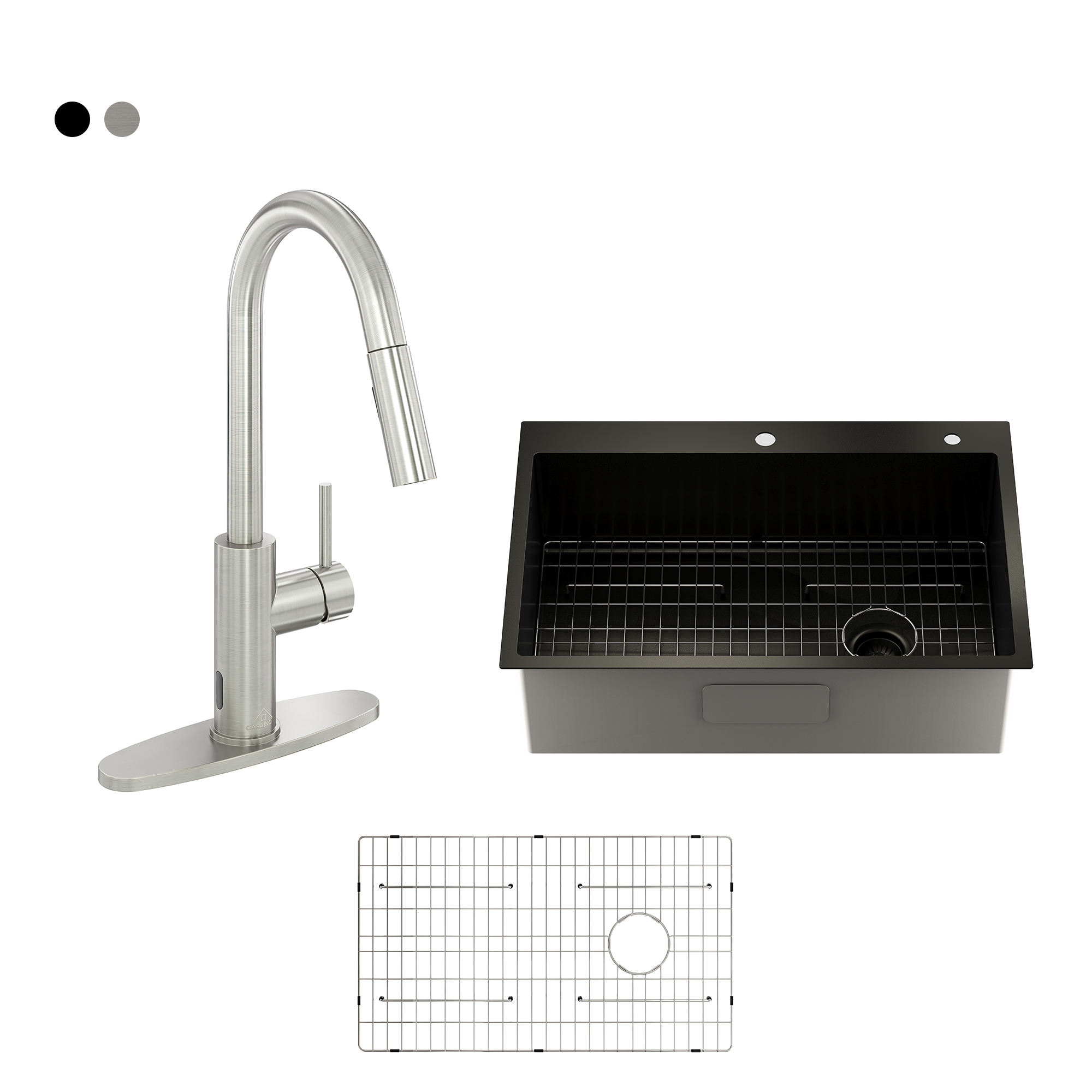 Drop-In Stainless Steel 33-inch 1-Hole Single Bowl Kitchen Sink in Nano PVD Gunmetal Black with Infrared Sensor Kitchen Faucet