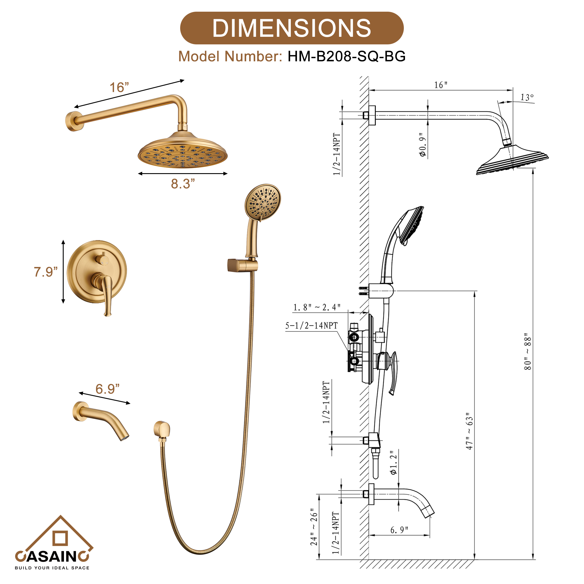 CASAINC 8.3 inch Wall-mounted Rain Shower Faucet with Pressure Balanced Valve