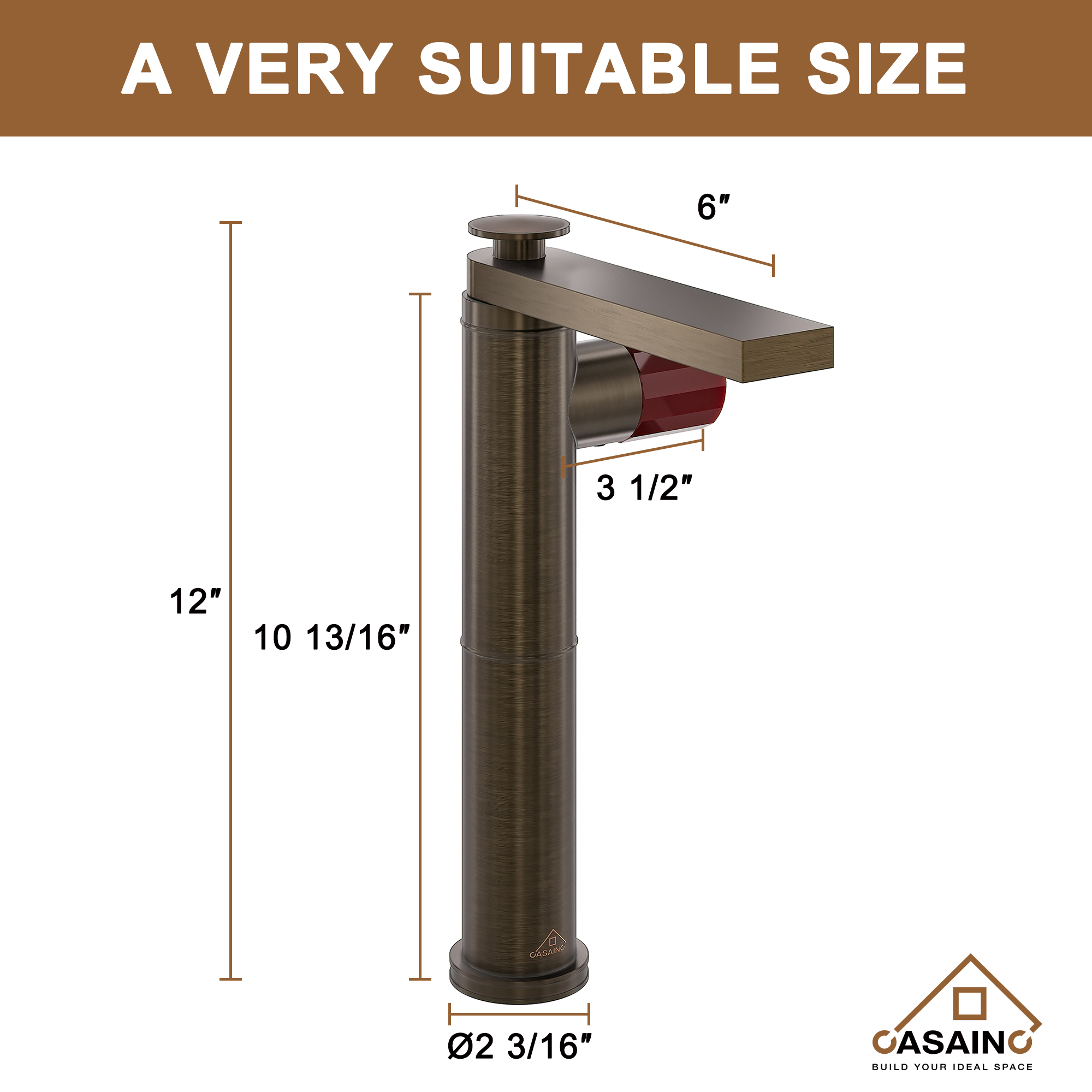 CASAINC 1.2GPM Spot-Free Single Glazed Handle Heightened Bathroom Vessel Sink Faucet with Pop-Up Drain, in Brown Bronze