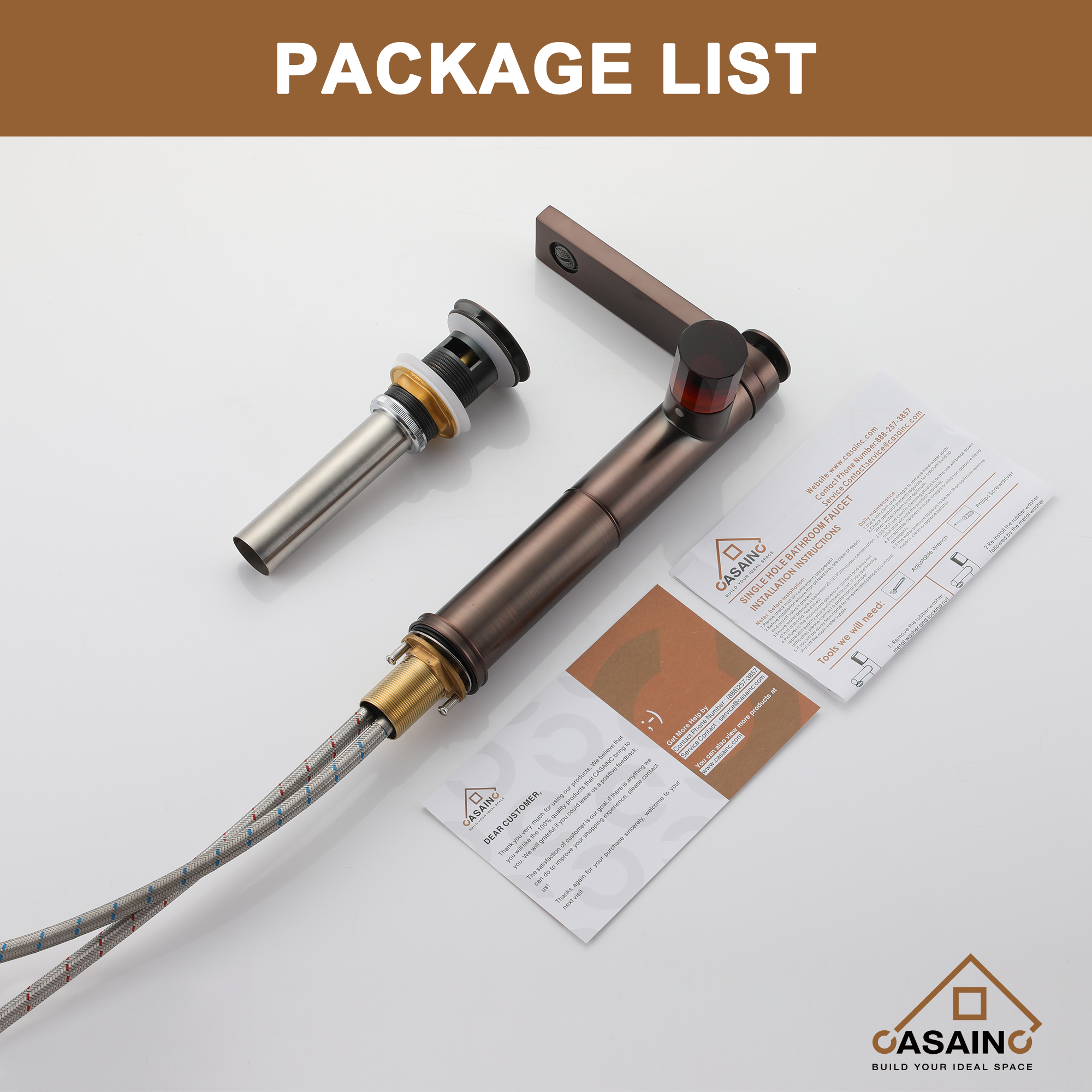 CASAINC 1.2GPM Spot-Free Single Glazed Handle Heightened Bathroom Vessel Sink Faucet with Pop-Up Drain, in Brown Bronze