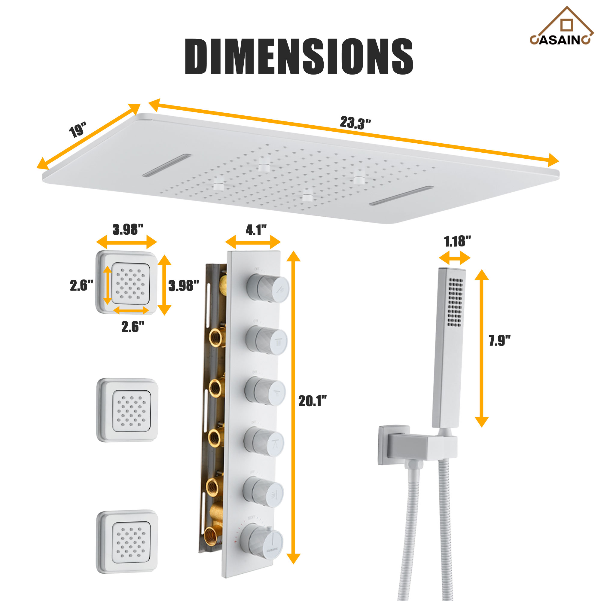 20*24'' Rectangle Shower System With 4 Sprays Modes & 3 Body Jets