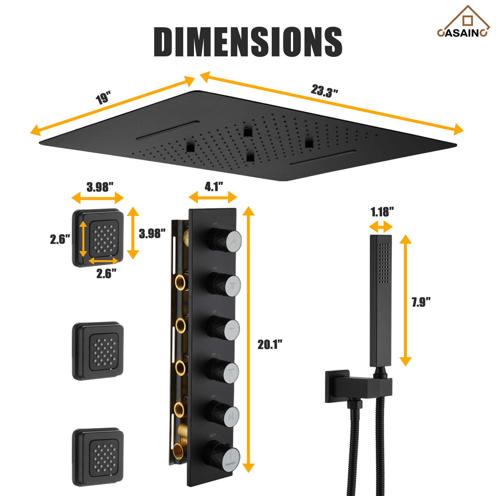 20*24'' Rectangle Shower System With 4 Sprays Modes & 3 Body Jets