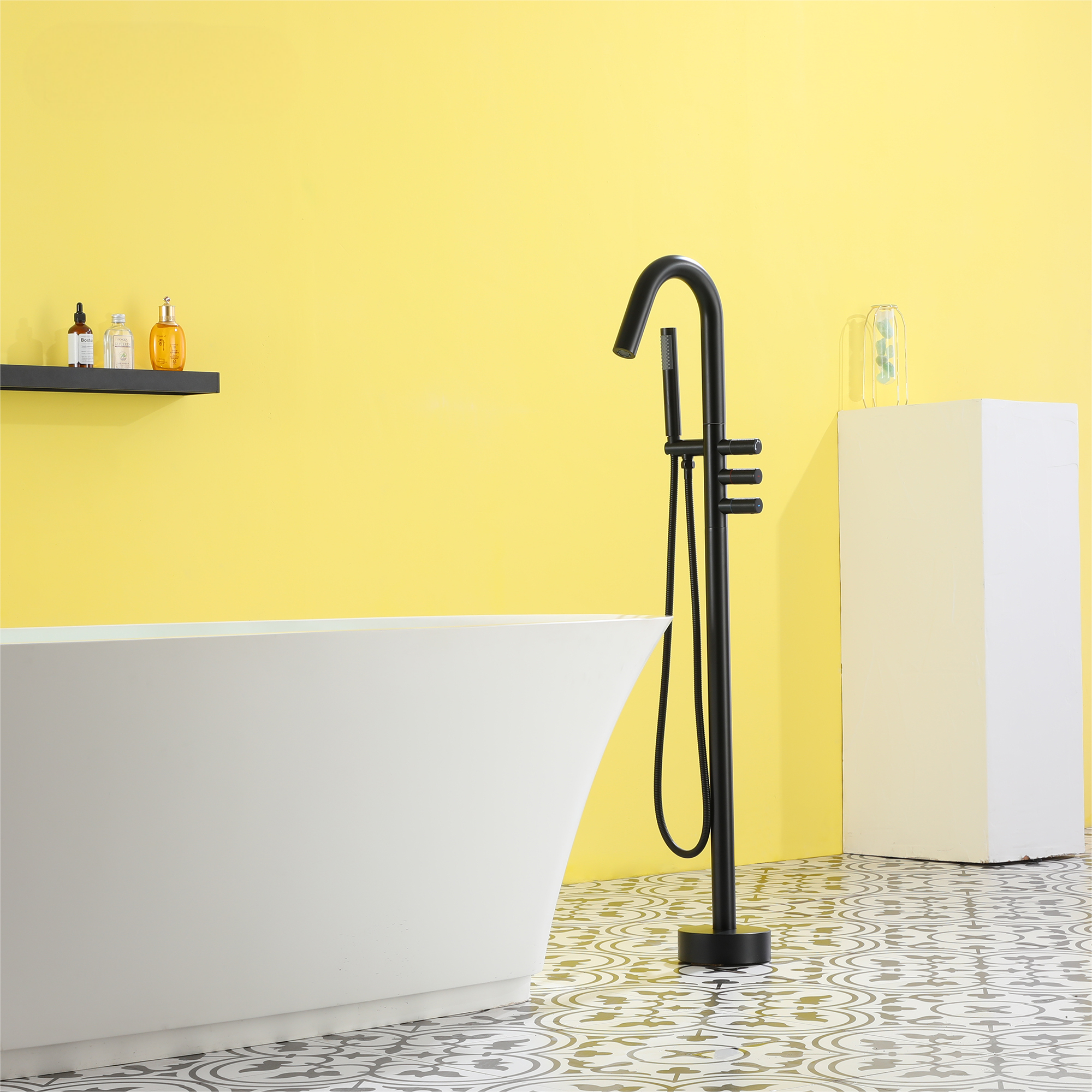 Freestanding Floor Mount Tub Filler Faucet with Handheld Shower in Solid Brass Construction