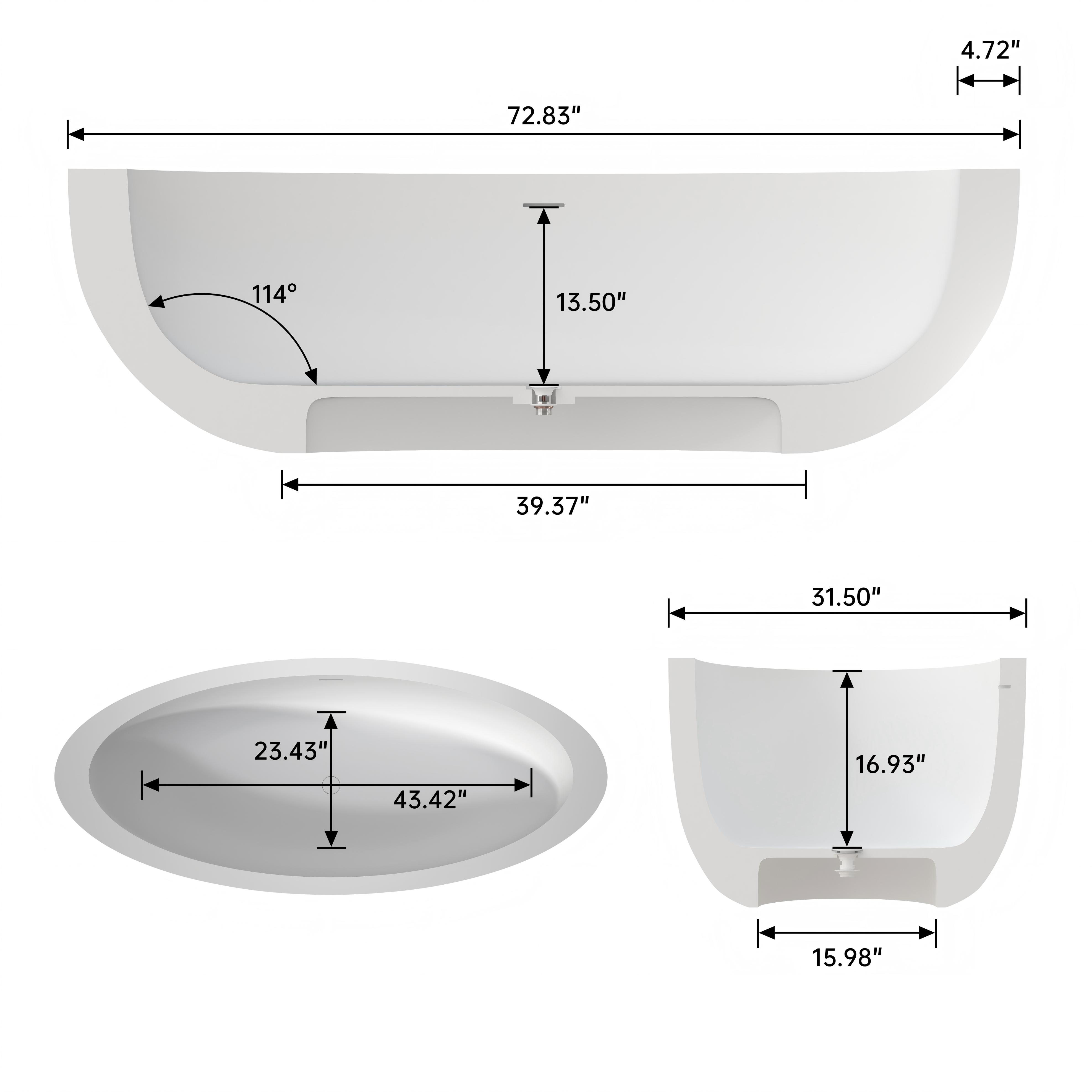 73" Matte White Solid Surface Freestanding Bathtub with Thick Rim Design