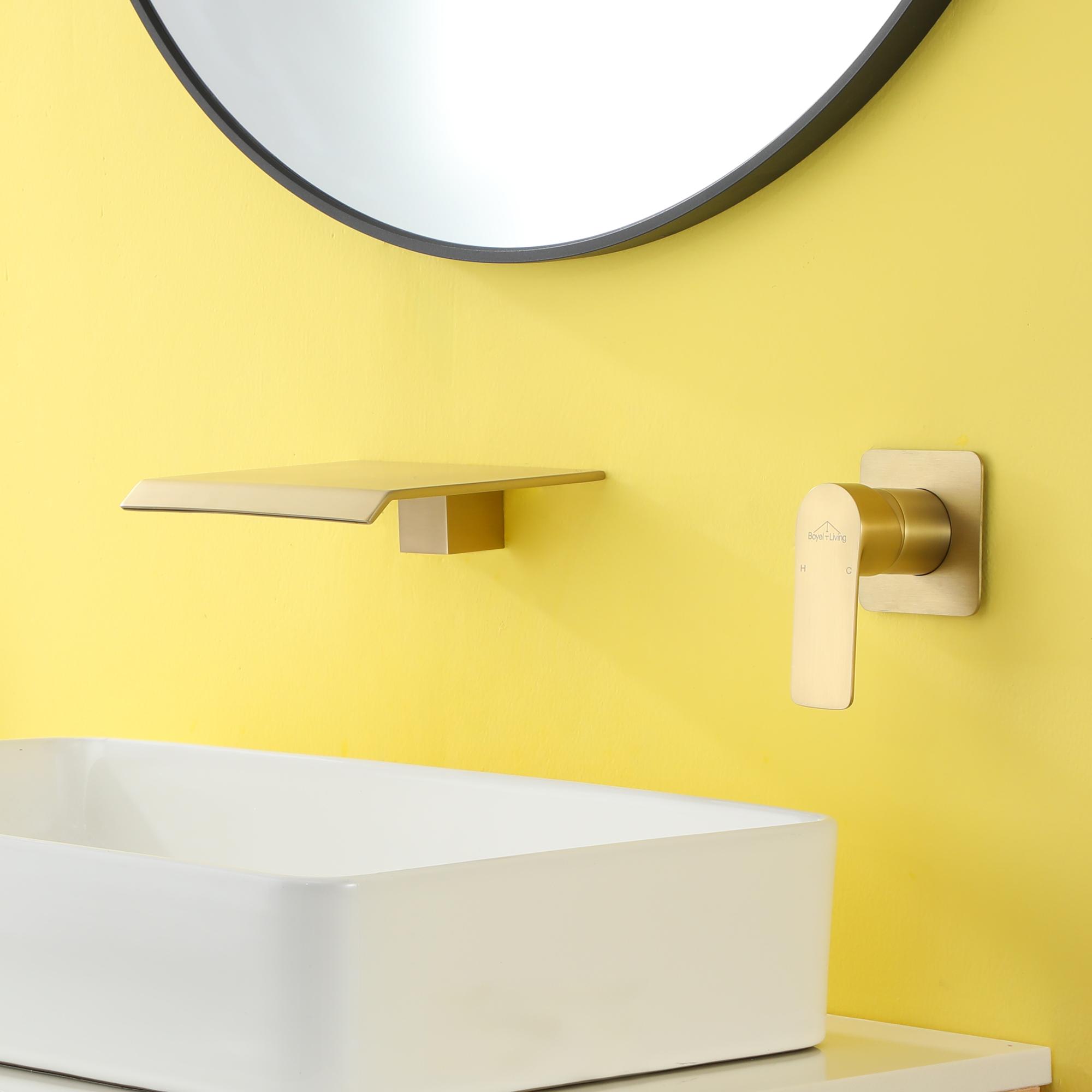 Wall Mounted Waterfall Bathroom Sink Faucet in Matte Black & Brushed Gold