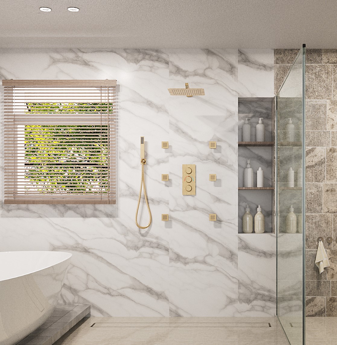 12" Thermostatic Rainfall Shower System with Handheld & Body Jets