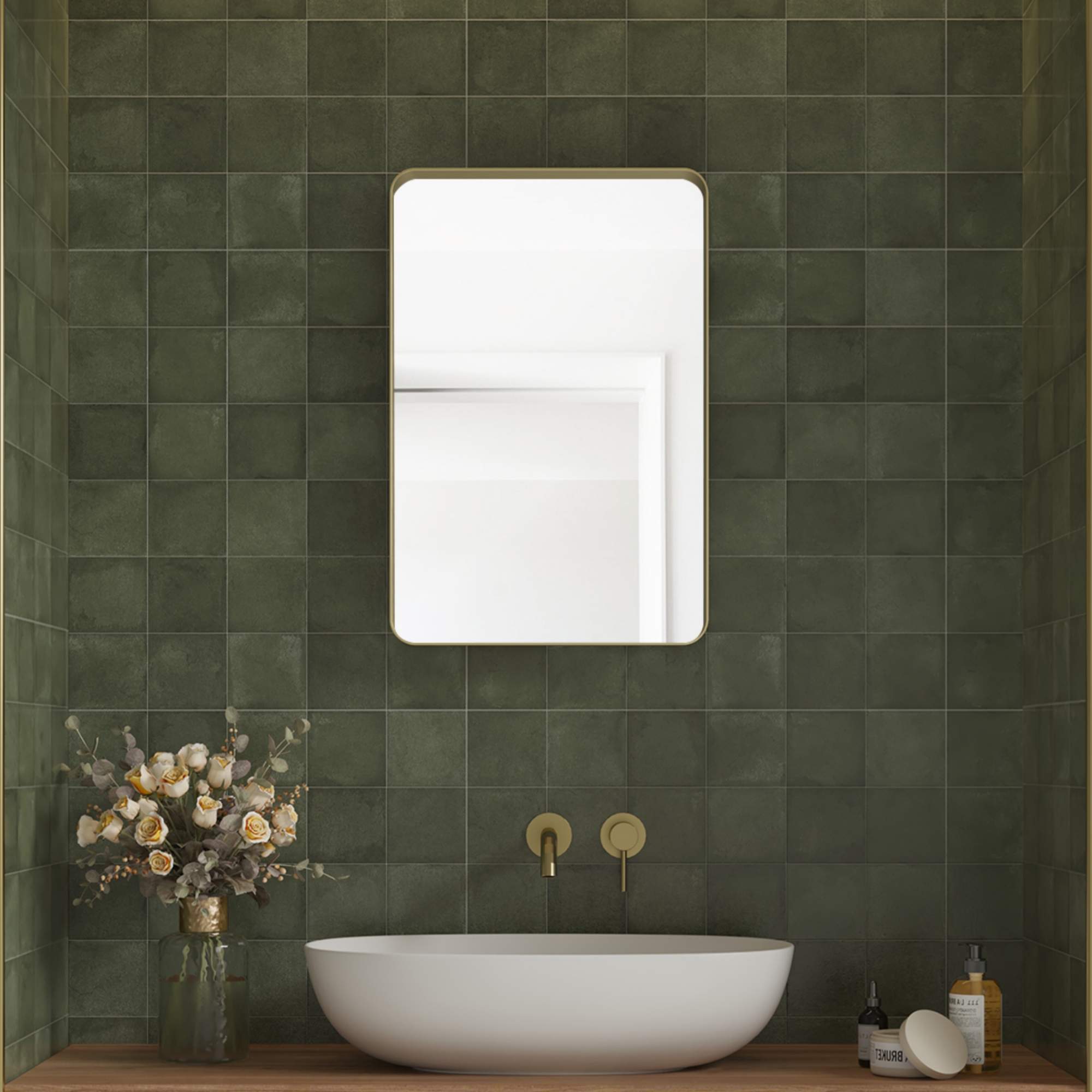 Tempered Glass Wall-Mounted Mirror with Gold Metal Frame