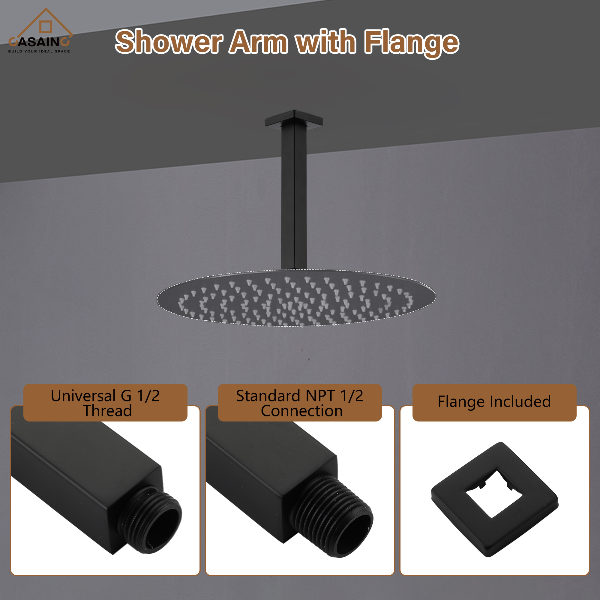 7.87"/11.81" Square Ceiling-Mounted Shower Arm with Flange Cover
