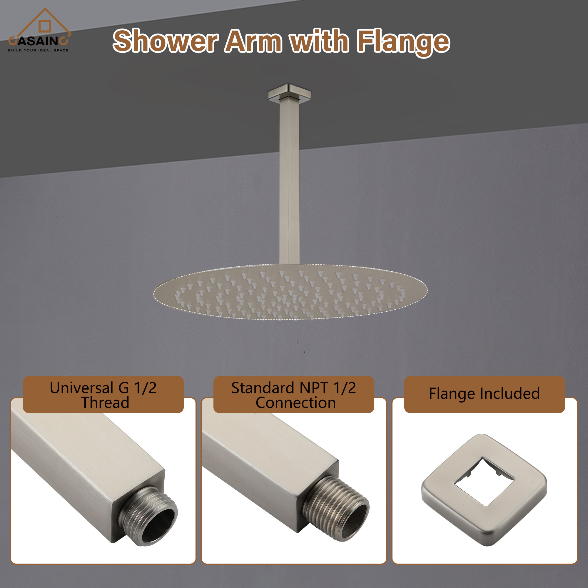 7.87"/11.81" Square Ceiling-Mounted Shower Arm with Flange Cover