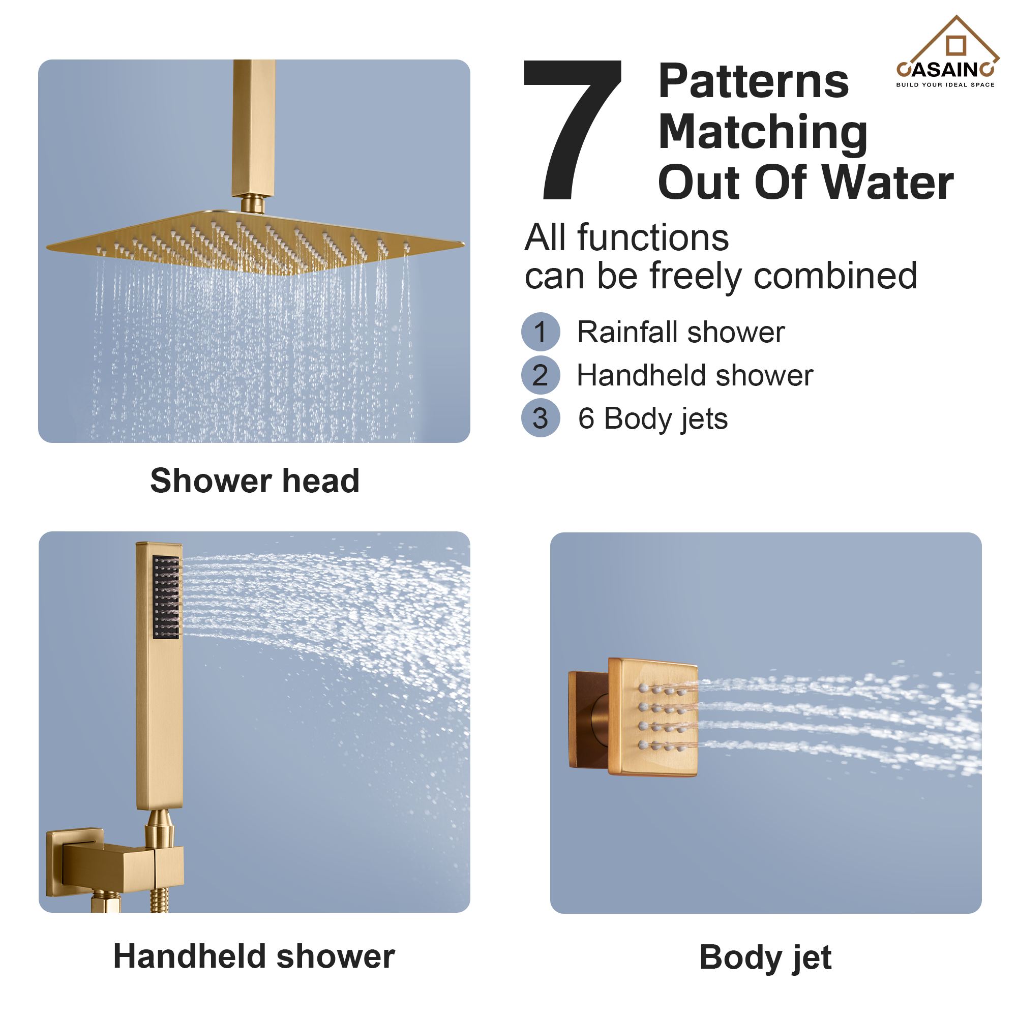 12" Ceiling Mount Rain Shower System with Handheld and Body Jets