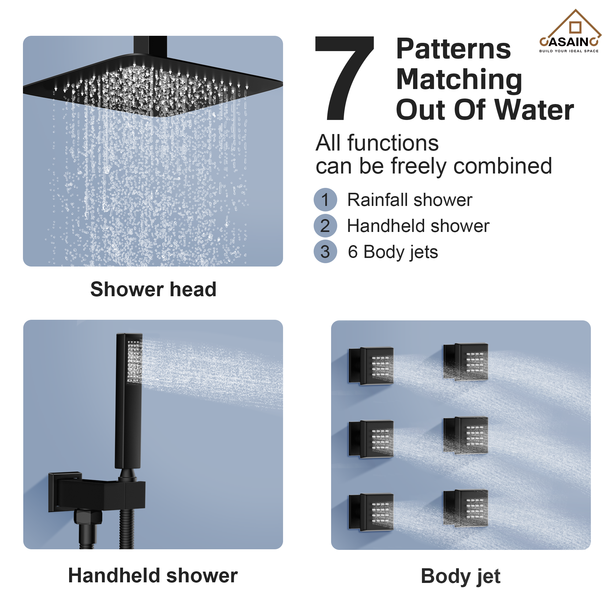 12" Ceiling Mount Rain Shower System with Handheld and Body Jets