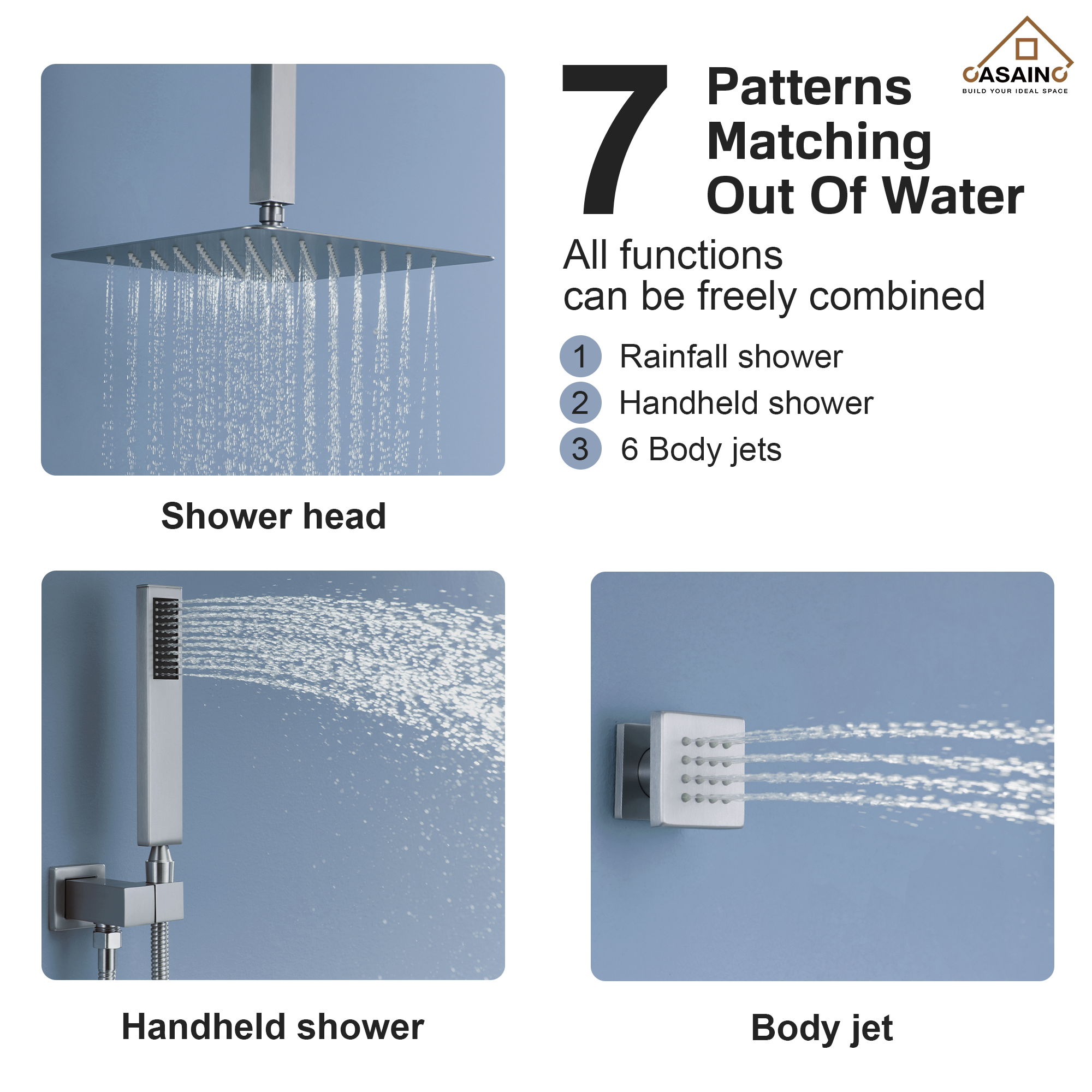 12" Ceiling Mount Rain Shower System with Handheld and Body Jets