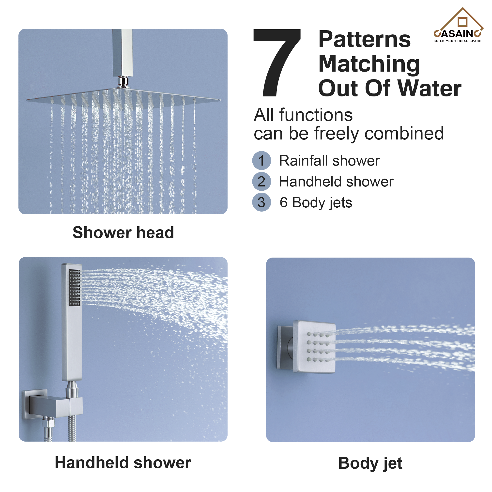 12" Ceiling Mount Rain Shower System with Handheld and Body Jets