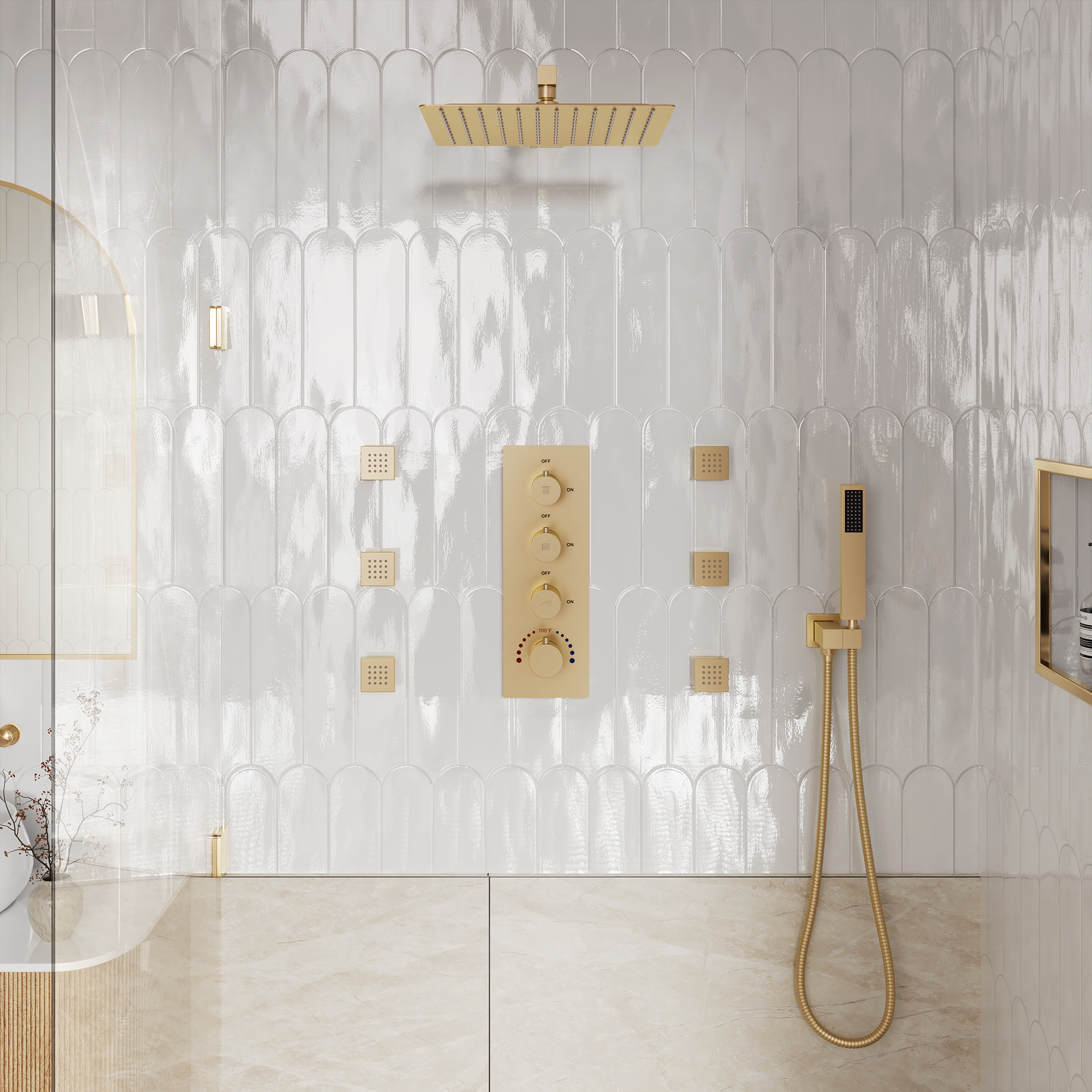 12" Thermostatic Shower System with Rainfall Showerhead & 6 Body Jets