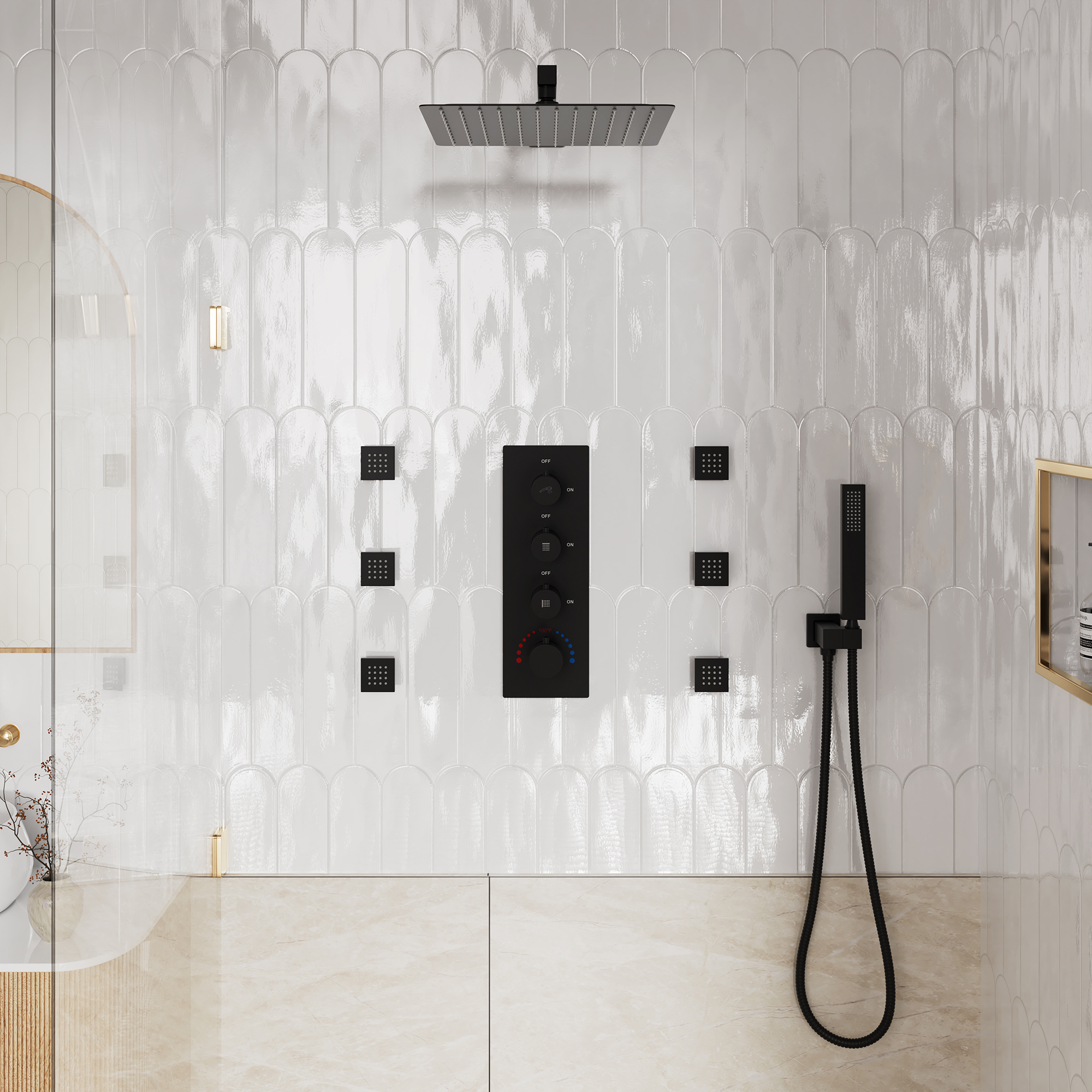 12" Thermostatic Shower System with Rainfall Showerhead & 6 Body Jets