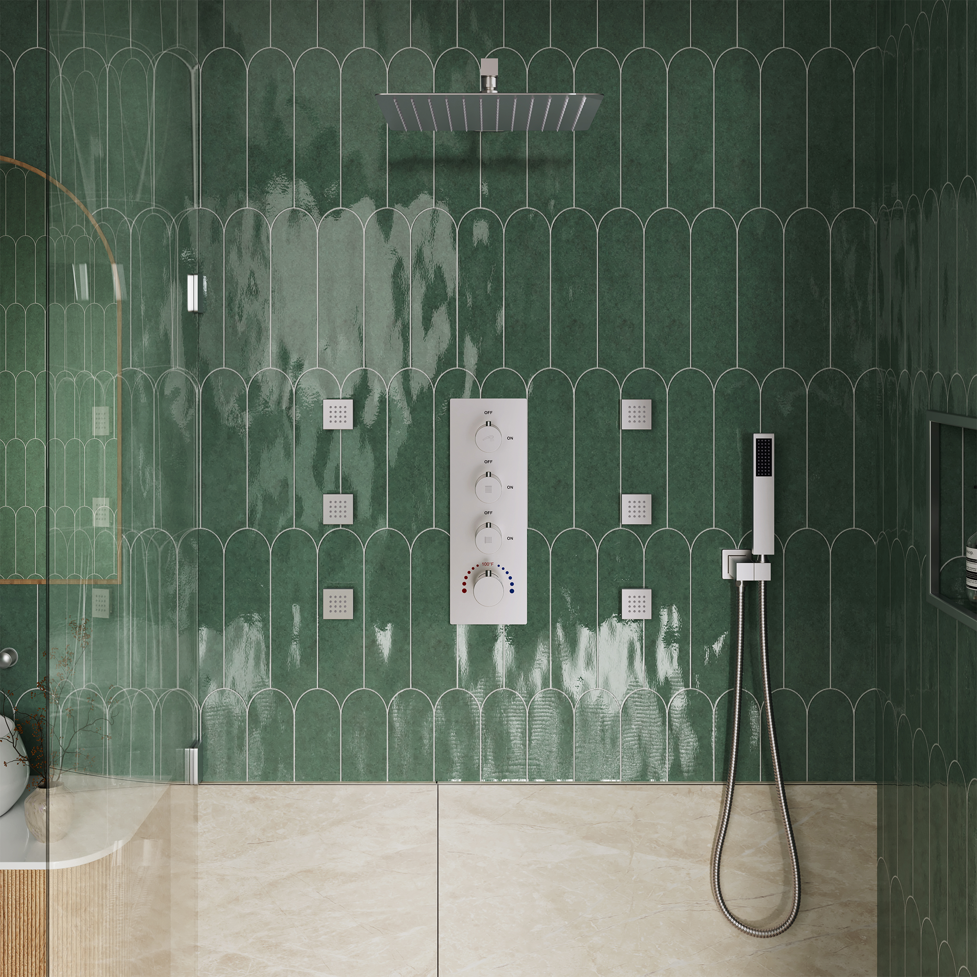 12" Thermostatic Shower System with Rainfall Showerhead & 6 Body Jets