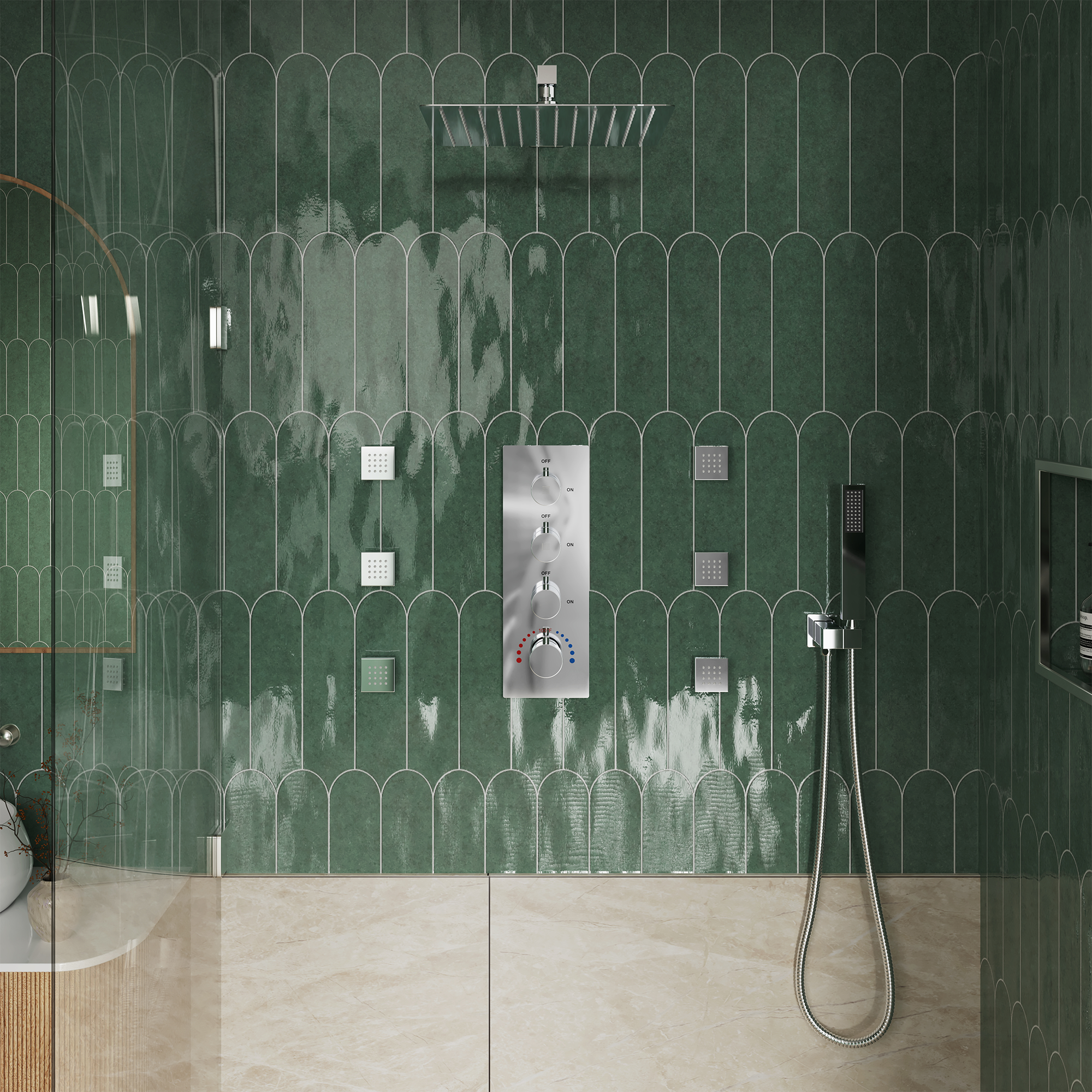 12" Thermostatic Shower System with Rainfall Showerhead & 6 Body Jets