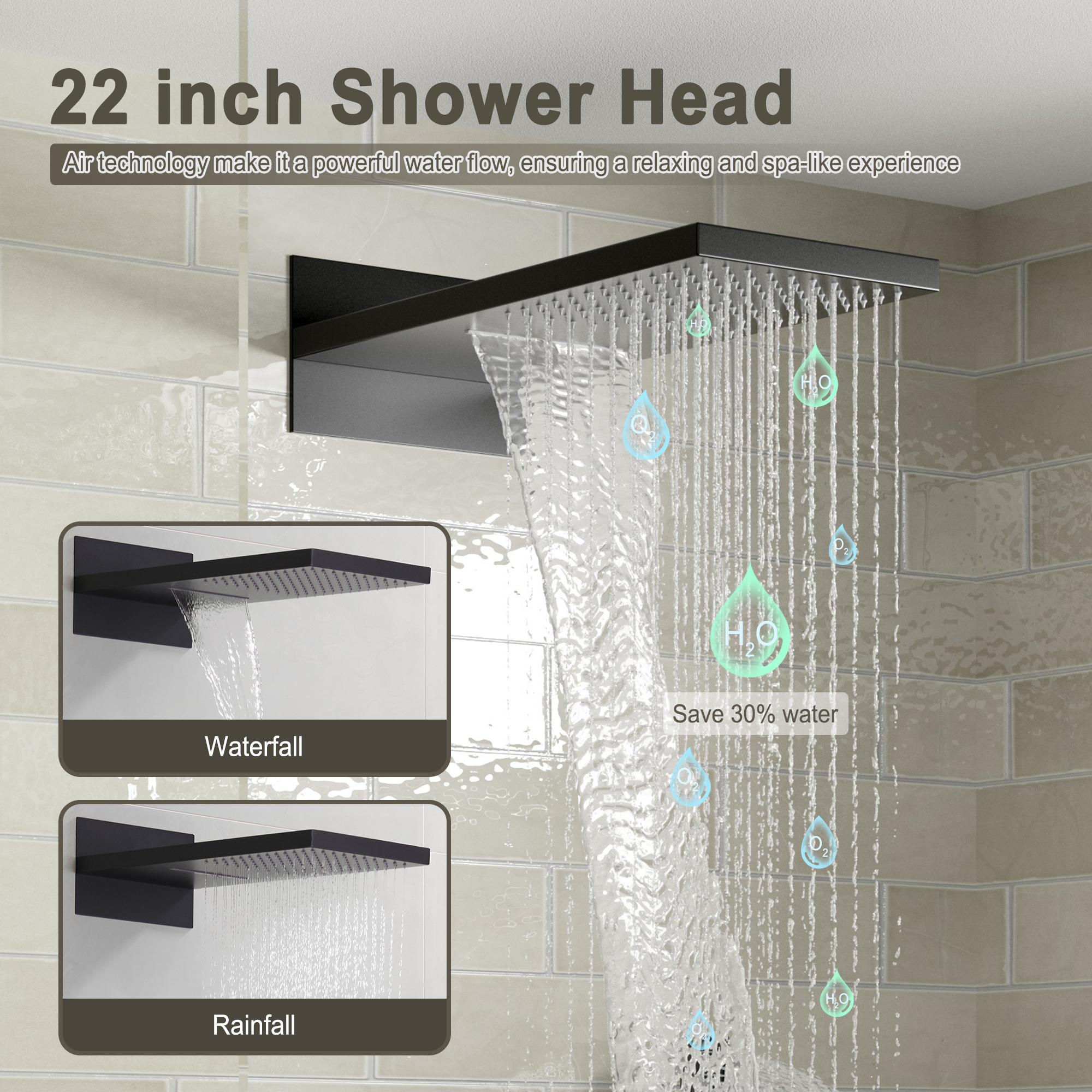 22" Thermostatic Shower System with Rainfall and Waterfall Shower Head