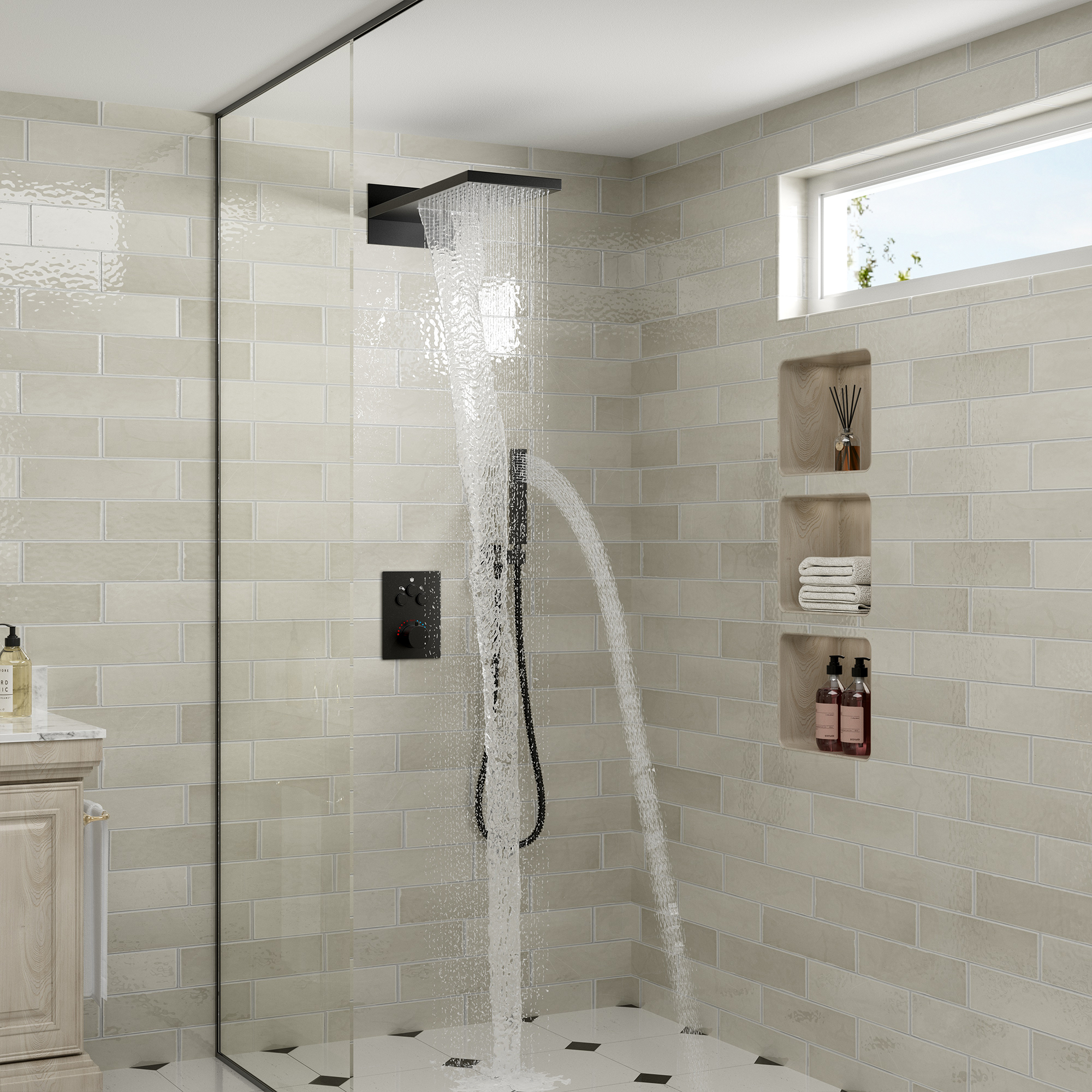 22" Thermostatic Shower System with Rainfall and Waterfall Shower Head