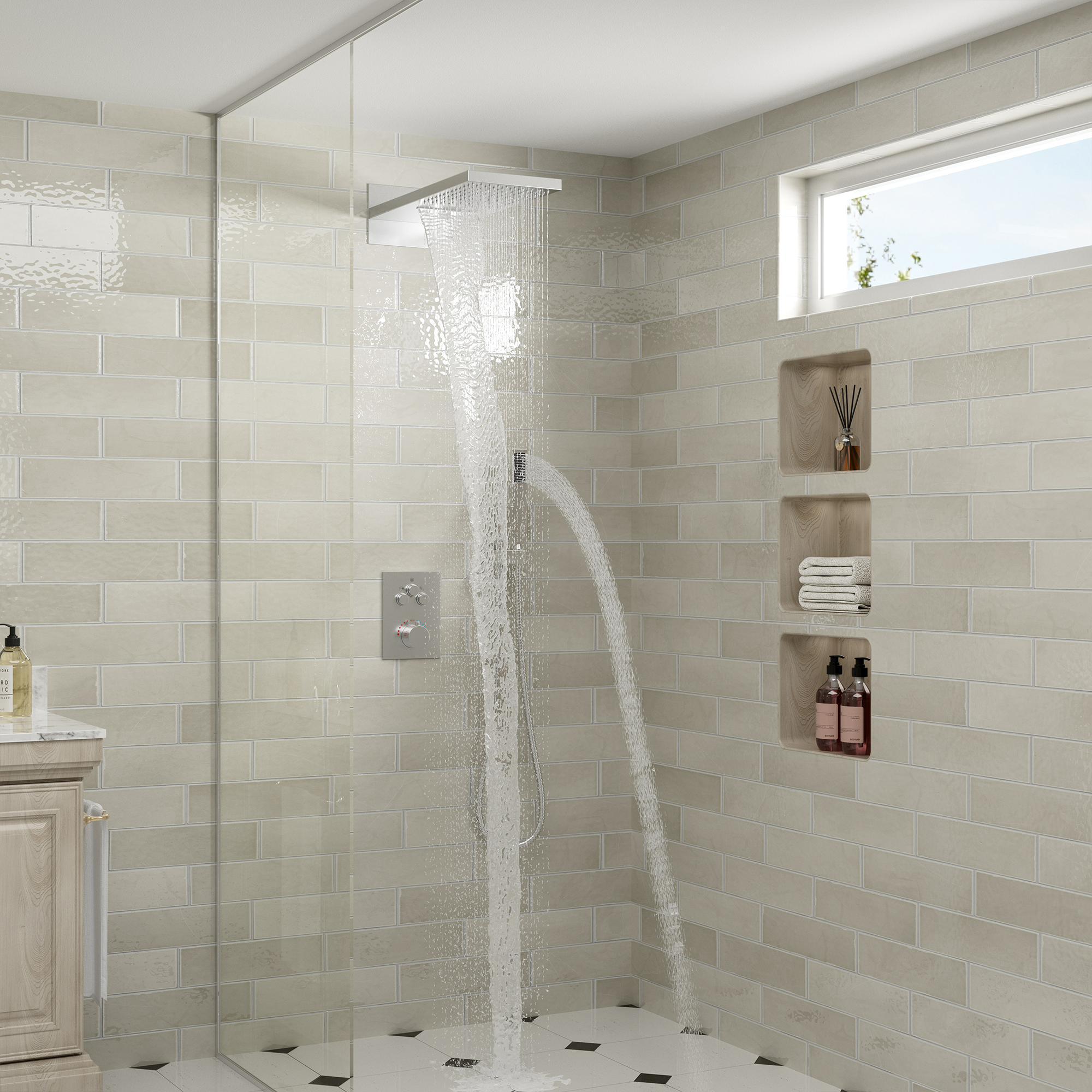 22" Thermostatic Shower System with Rainfall and Waterfall Shower Head