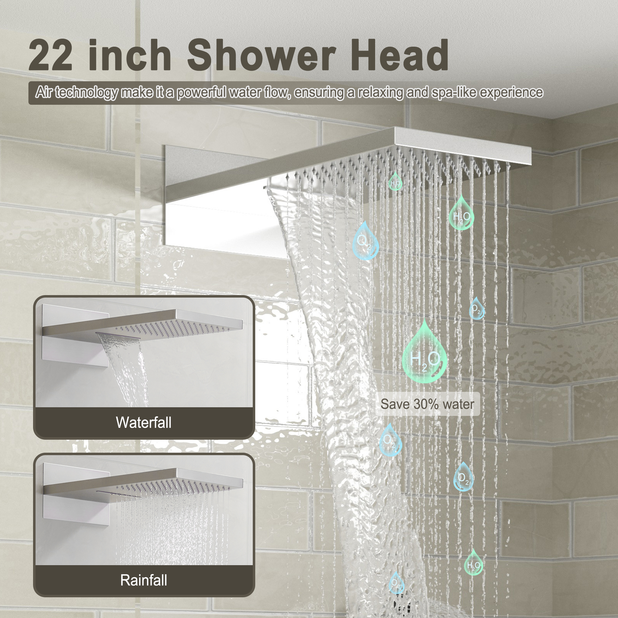 22" Thermostatic Shower System with Rainfall and Waterfall Shower Head