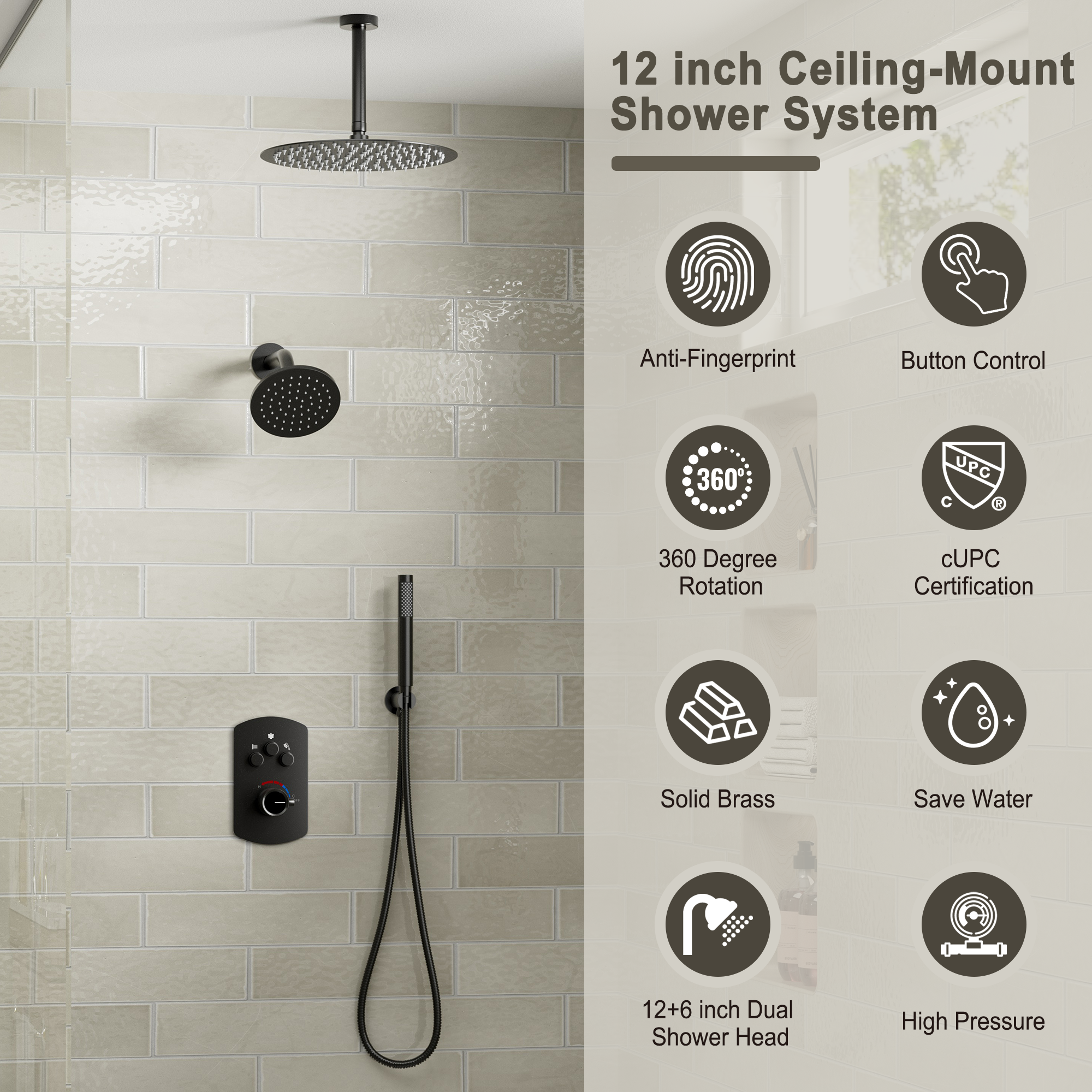 3-Function Shower System with Dual Showerheads and Balancing Valve