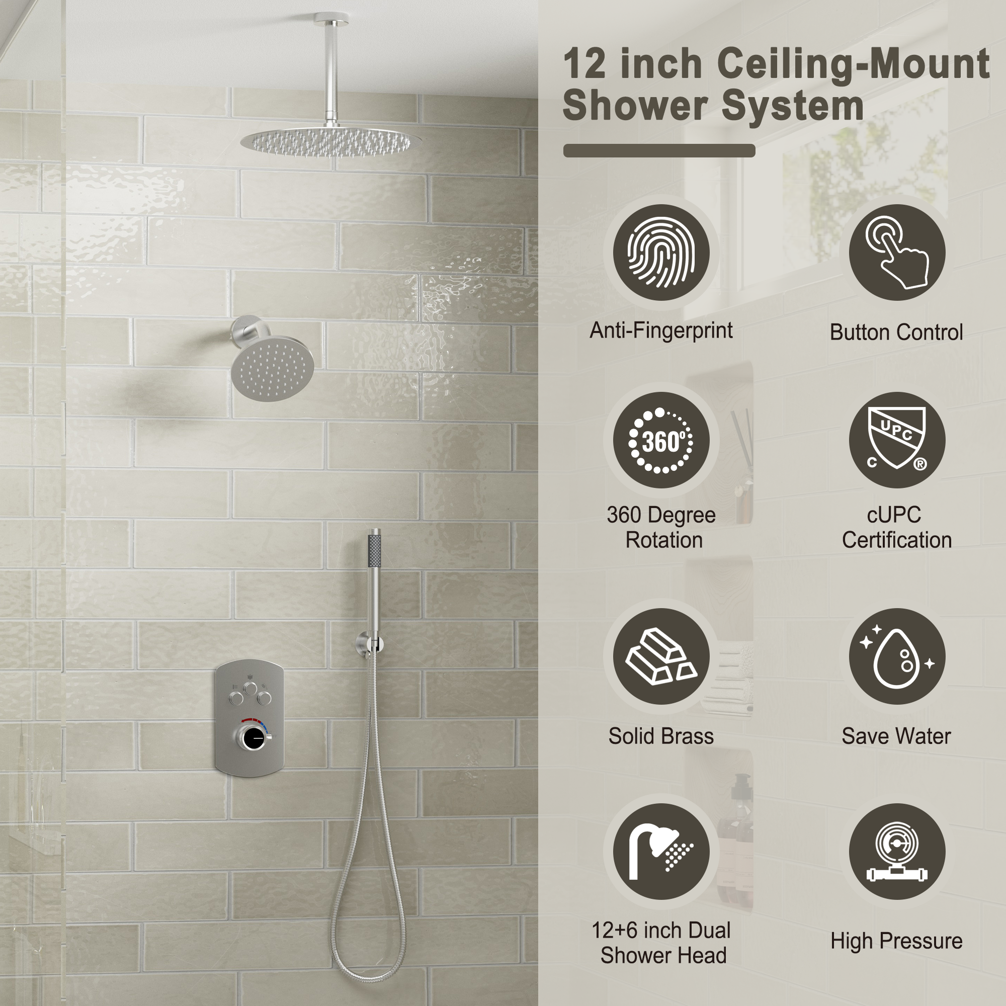3-Function Shower System with Dual Showerheads and Balancing Valve