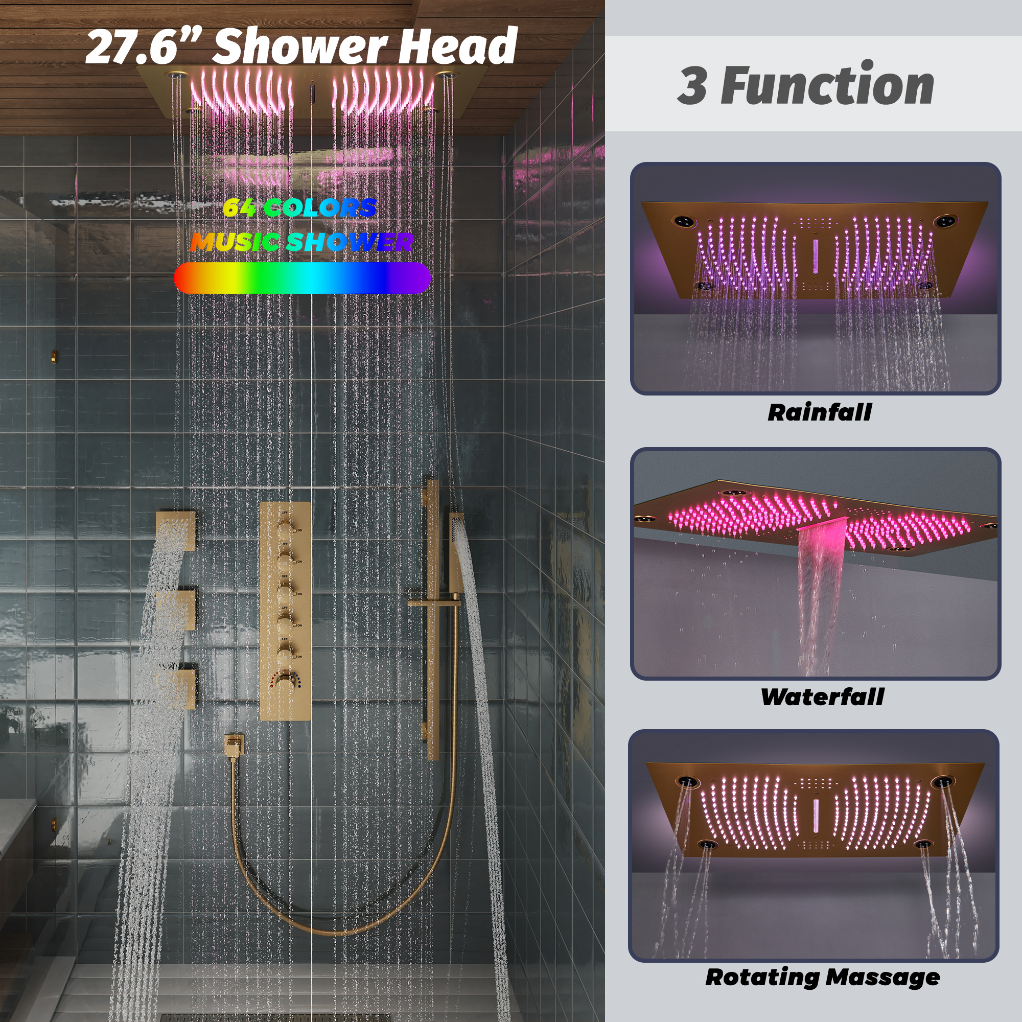 27.6" x 15.7" Luxury Thermostatic Shower System with LED Rainfall & Waterfall