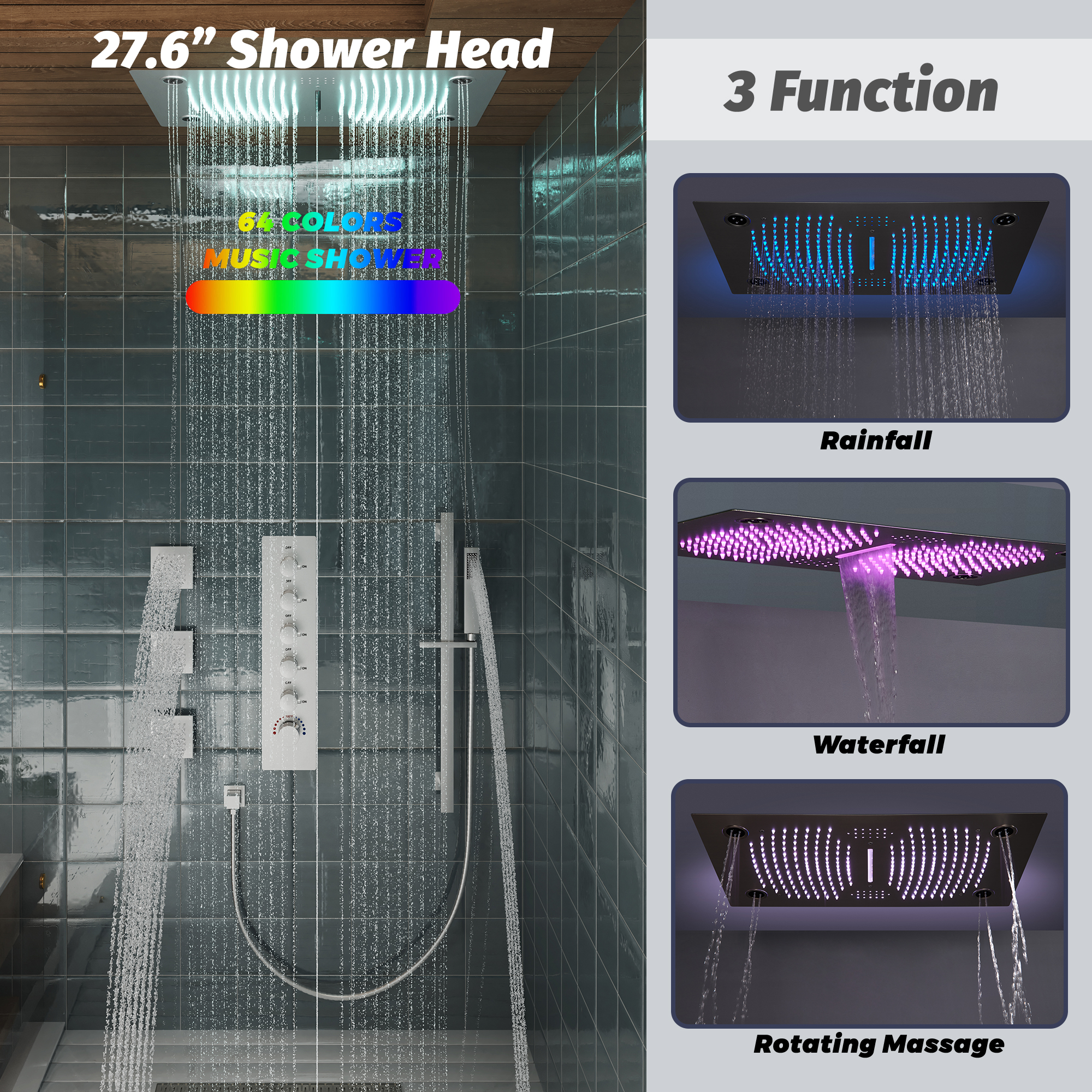27.6" x 15.7" Luxury Thermostatic Shower System with LED Rainfall & Waterfall