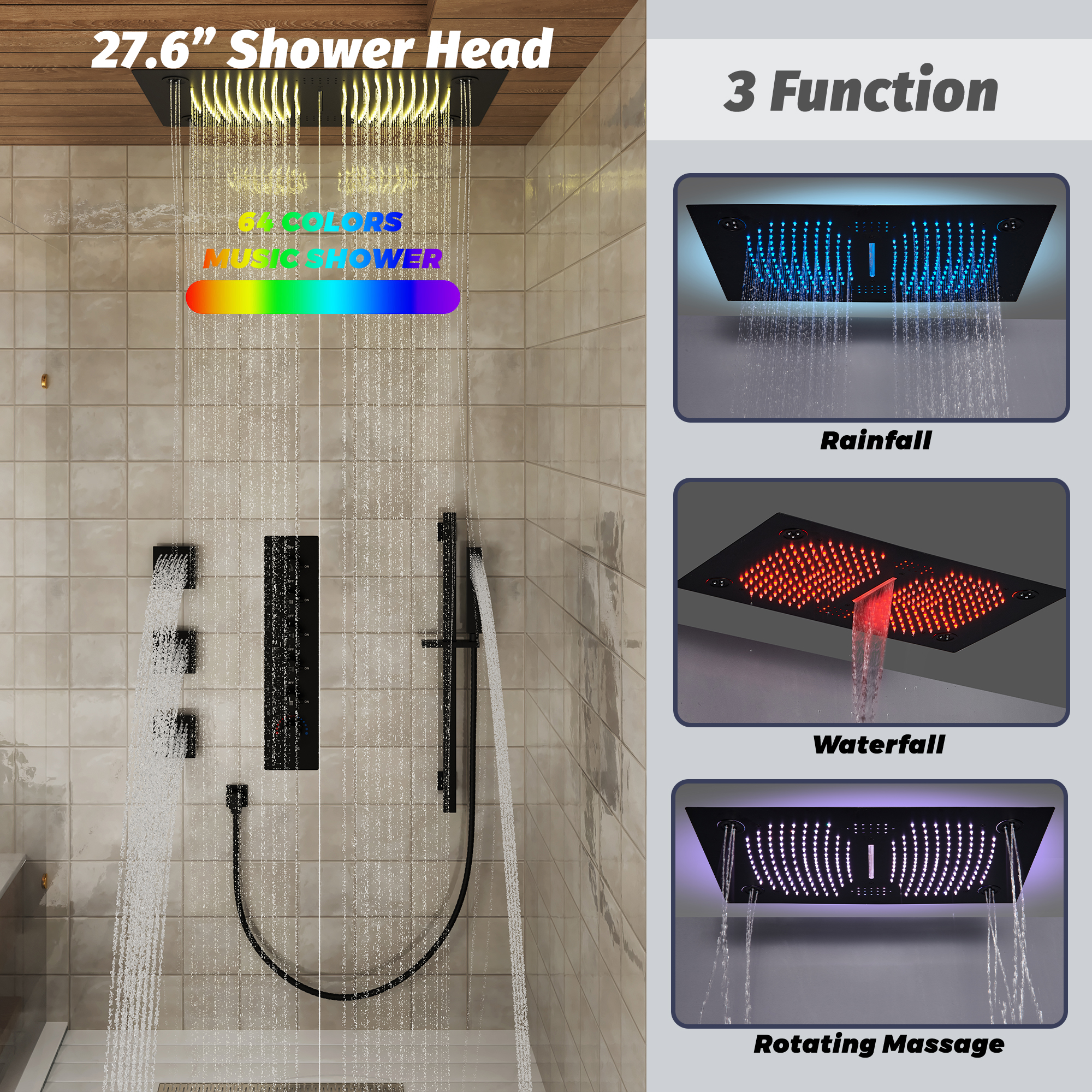 27.6" x 15.7" Luxury Thermostatic Shower System with LED Rainfall & Waterfall