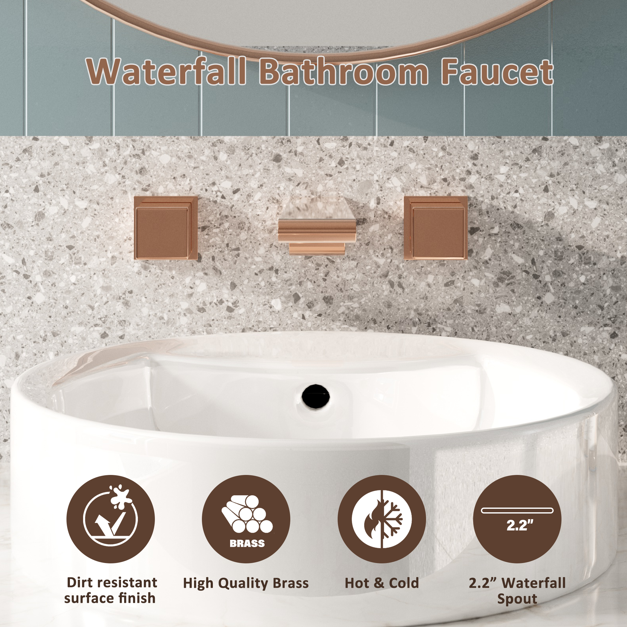 Wall-Mounted Waterfall Bathroom Basin Faucet in Brushed Rose Gold 